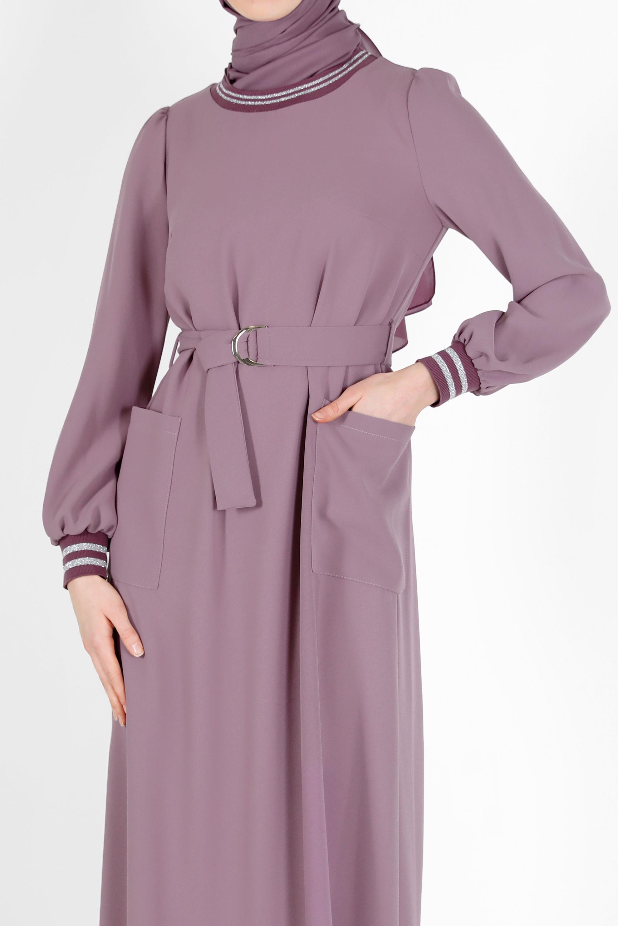 Tesettür giyim PEMBE MANŞETLERİ LASTİKLİ KUŞAKLI ELBİSE 42281 