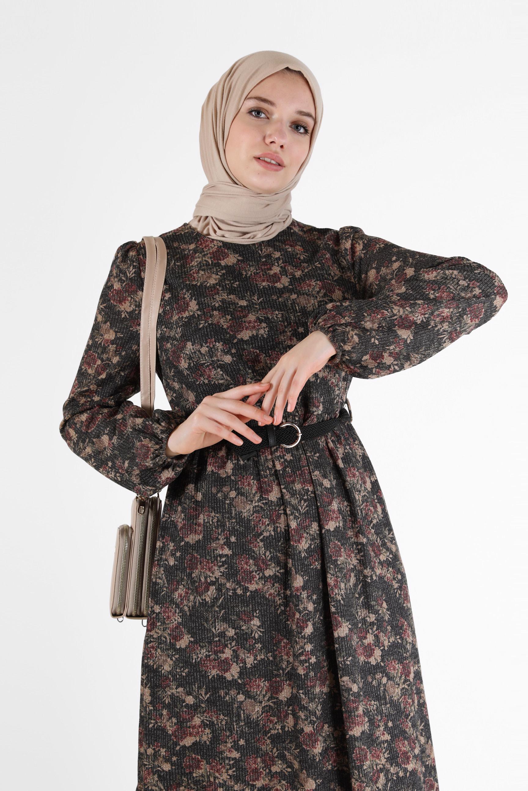 Hijab clothing BLACK FLORAL DRESS WITH ELASTIC CUFFS 42296 