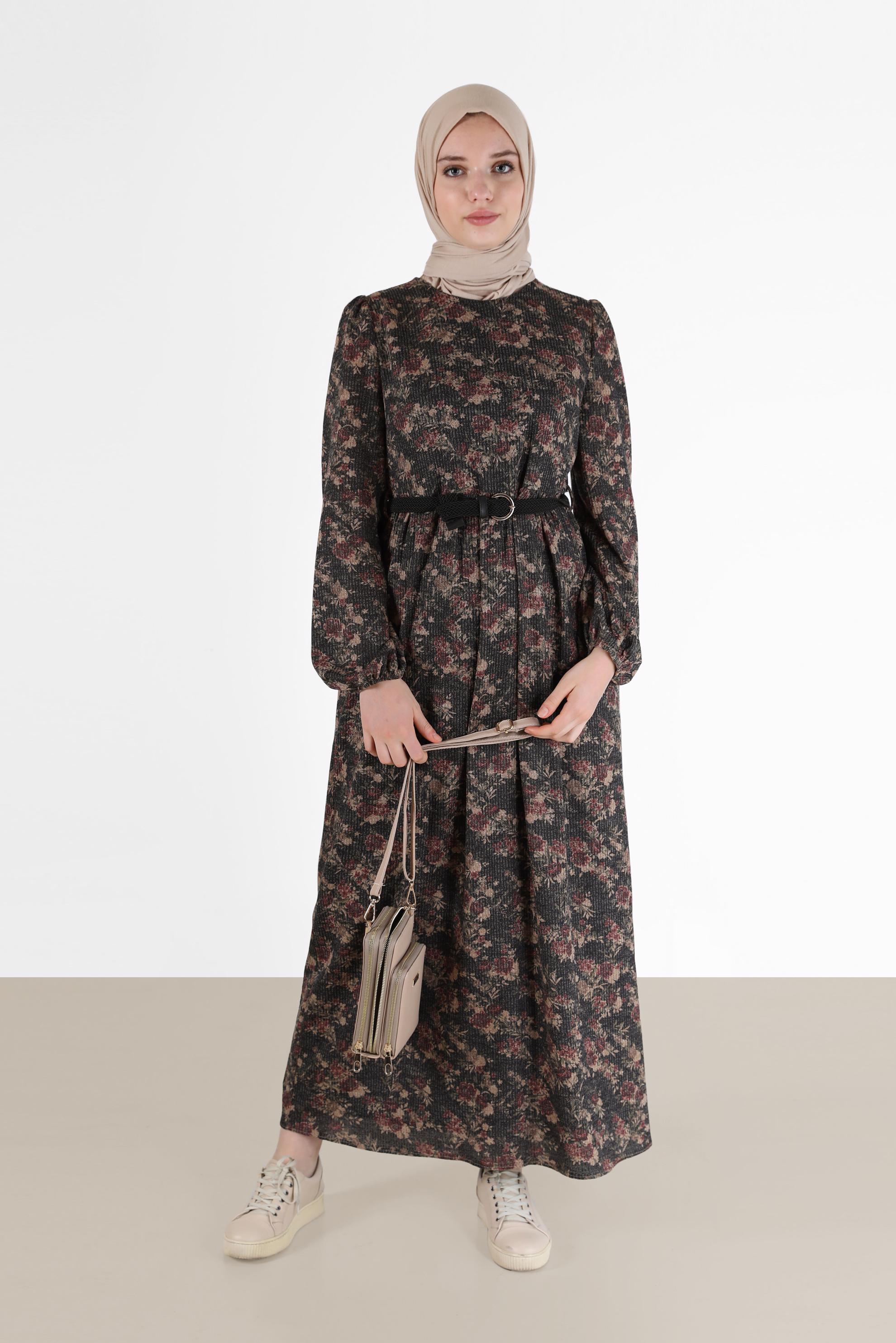 Hijab clothing BLACK FLORAL DRESS WITH ELASTIC CUFFS 42296 