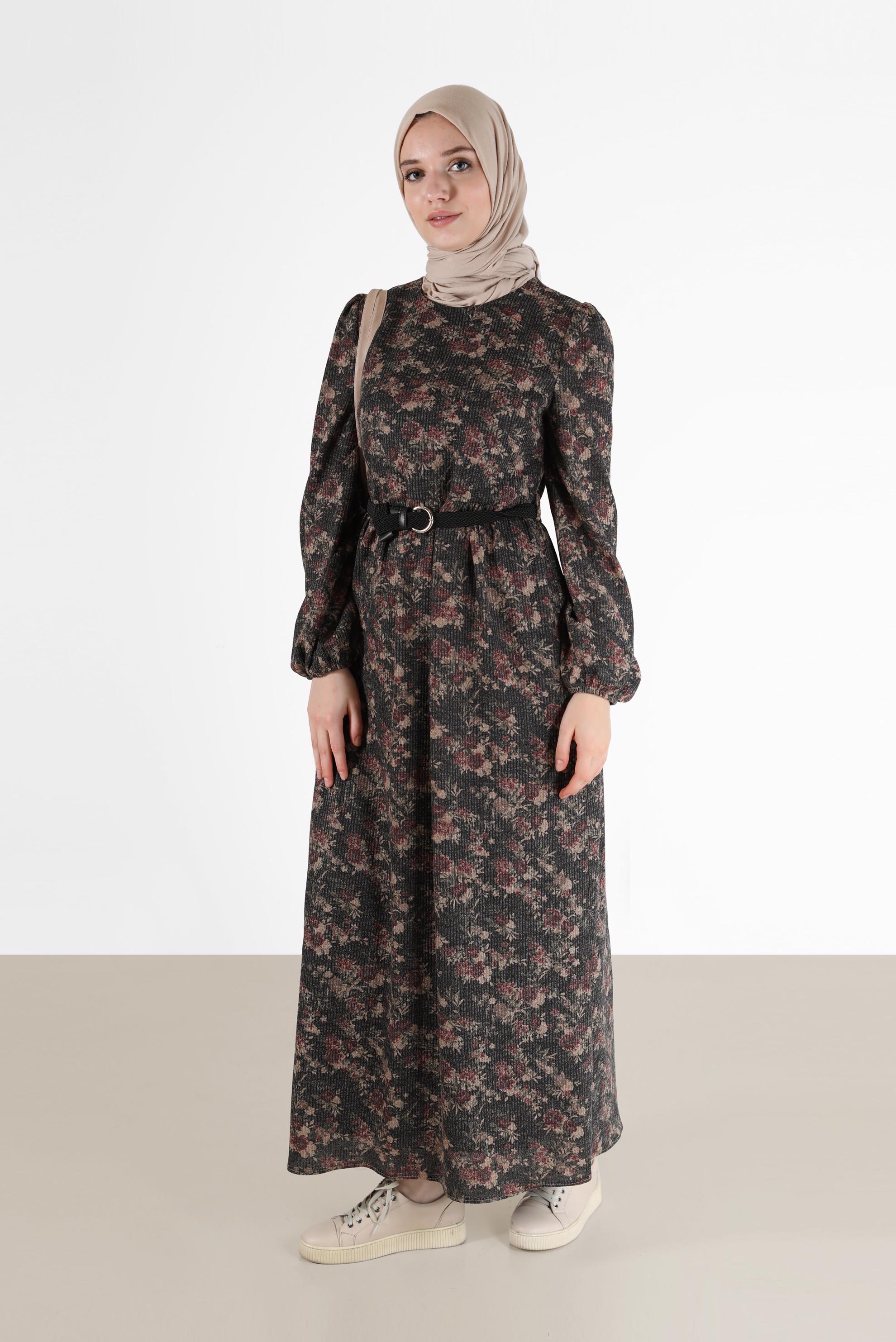 Hijab clothing BLACK FLORAL DRESS WITH ELASTIC CUFFS 42296 