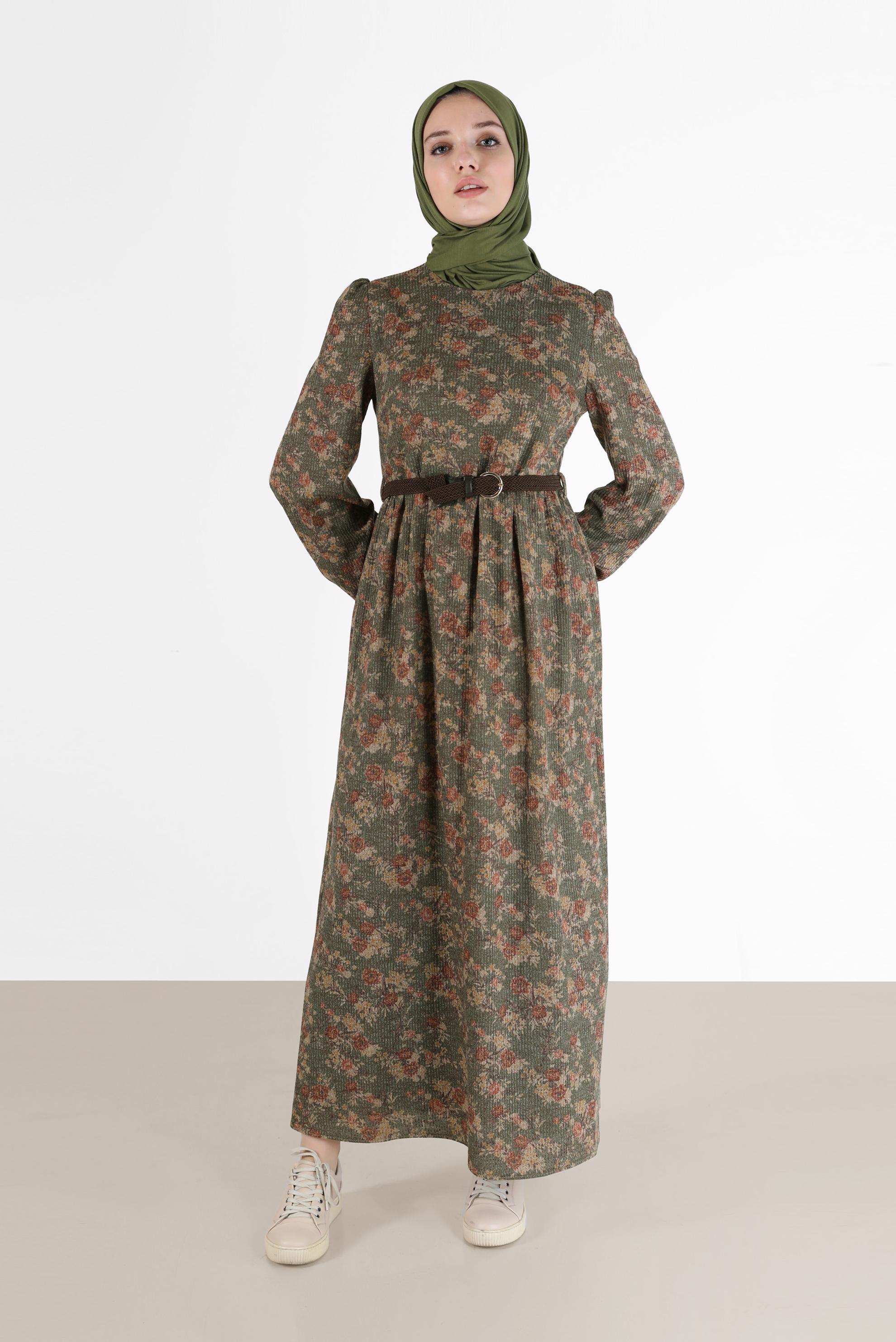 Hijab clothing KHAKI FLORAL DRESS WITH ELASTIC CUFFS 42296 