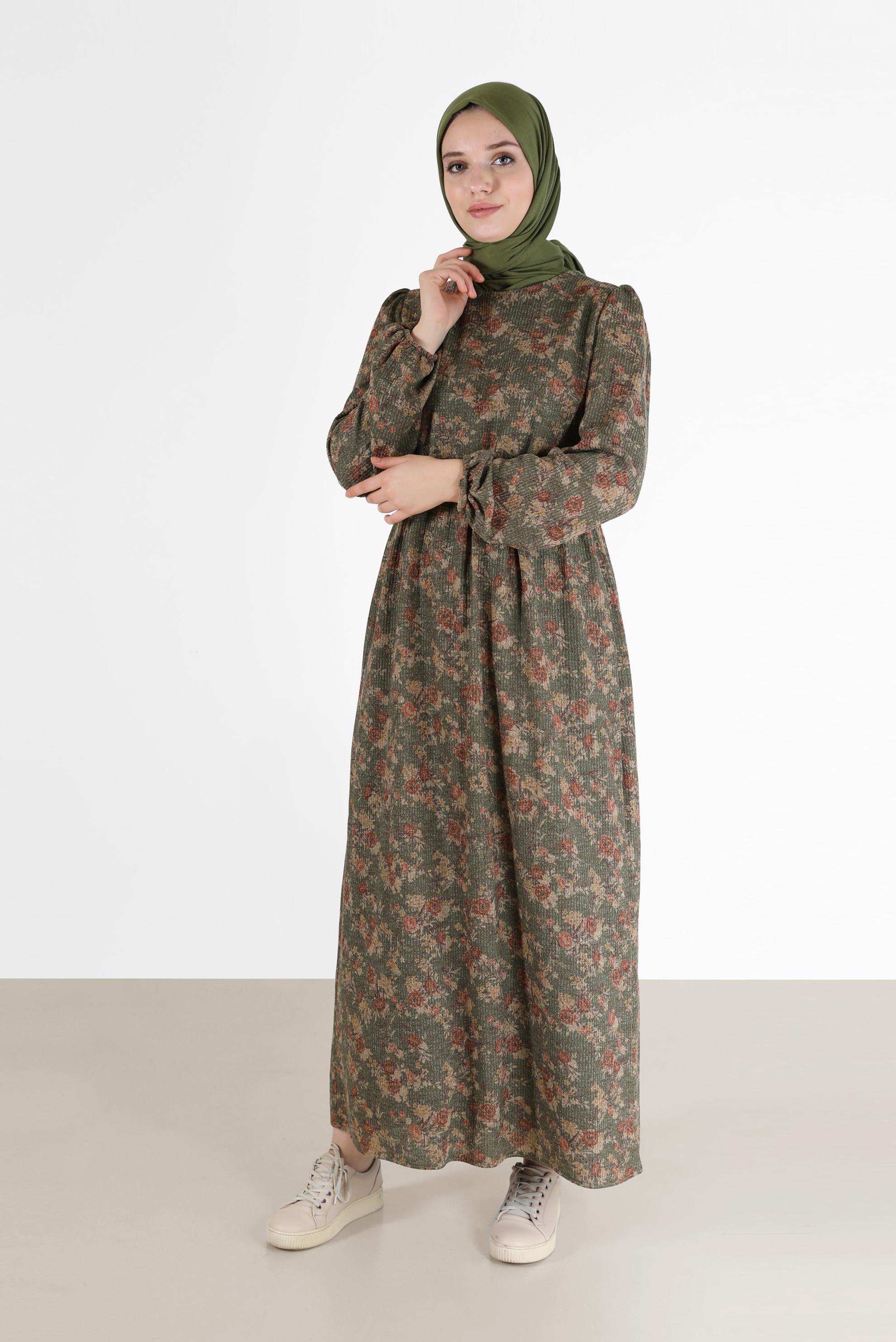 Hijab clothing KHAKI FLORAL DRESS WITH ELASTIC CUFFS 42296 