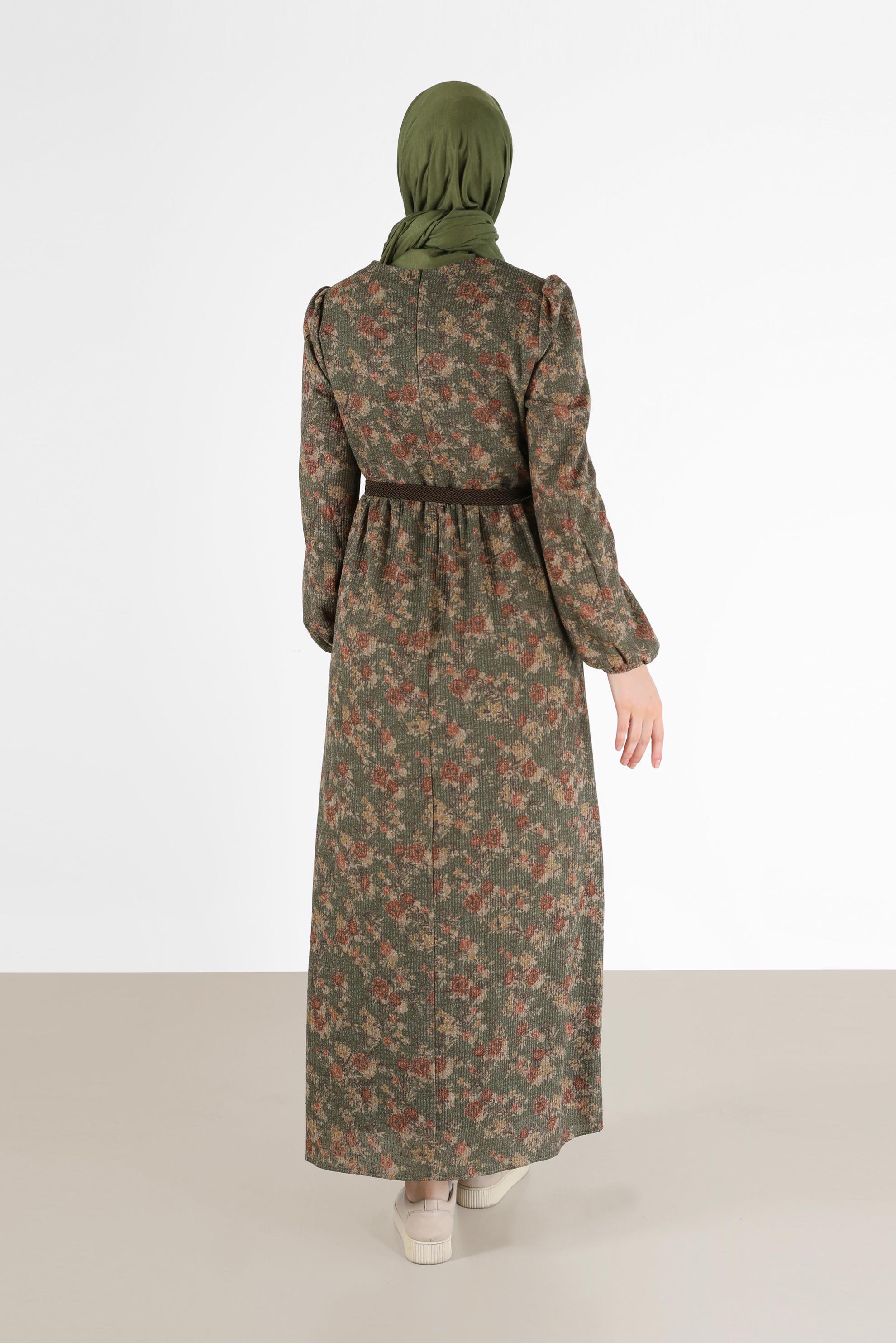 Hijab clothing KHAKI FLORAL DRESS WITH ELASTIC CUFFS 42296 