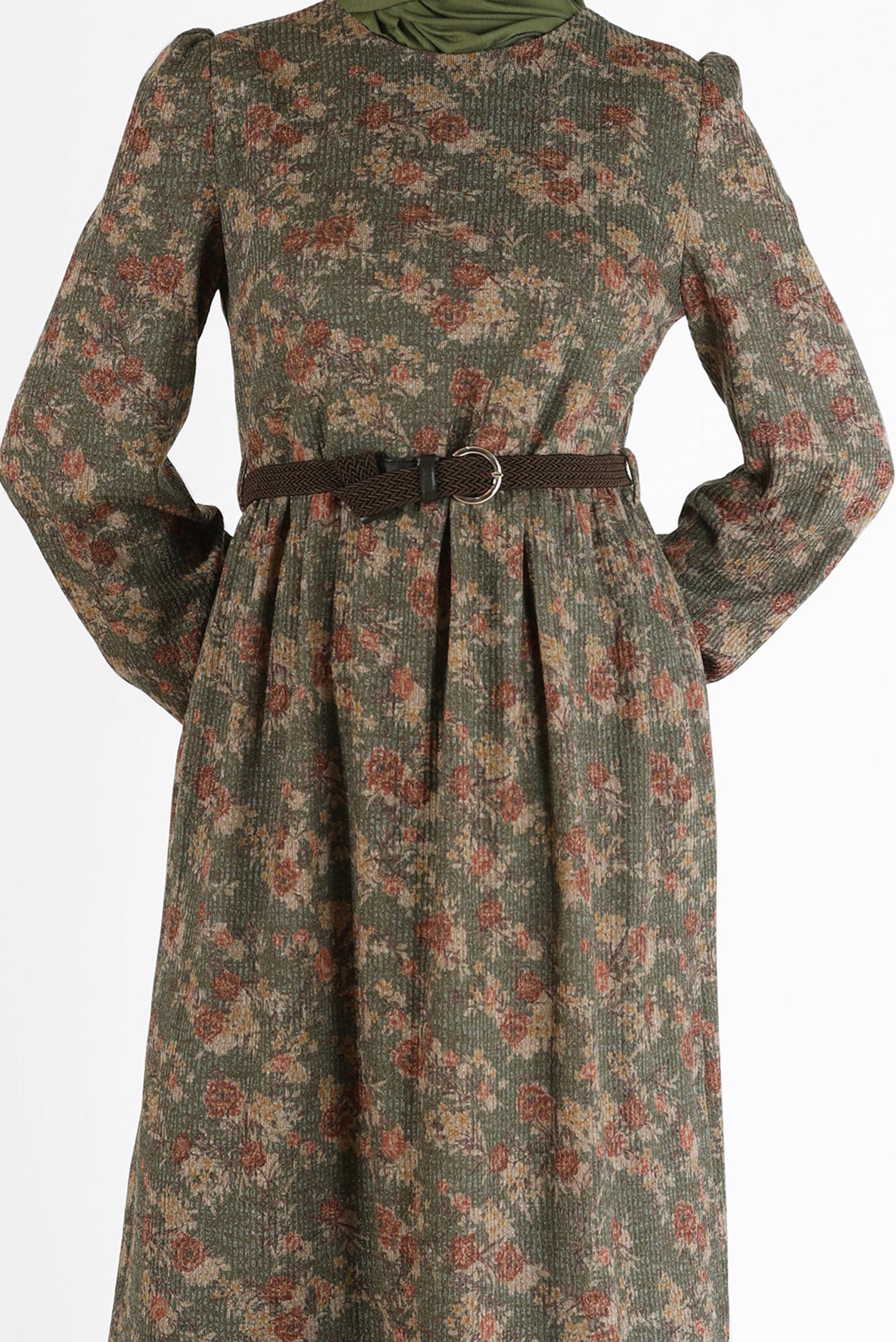 Hijab clothing KHAKI FLORAL DRESS WITH ELASTIC CUFFS 42296 