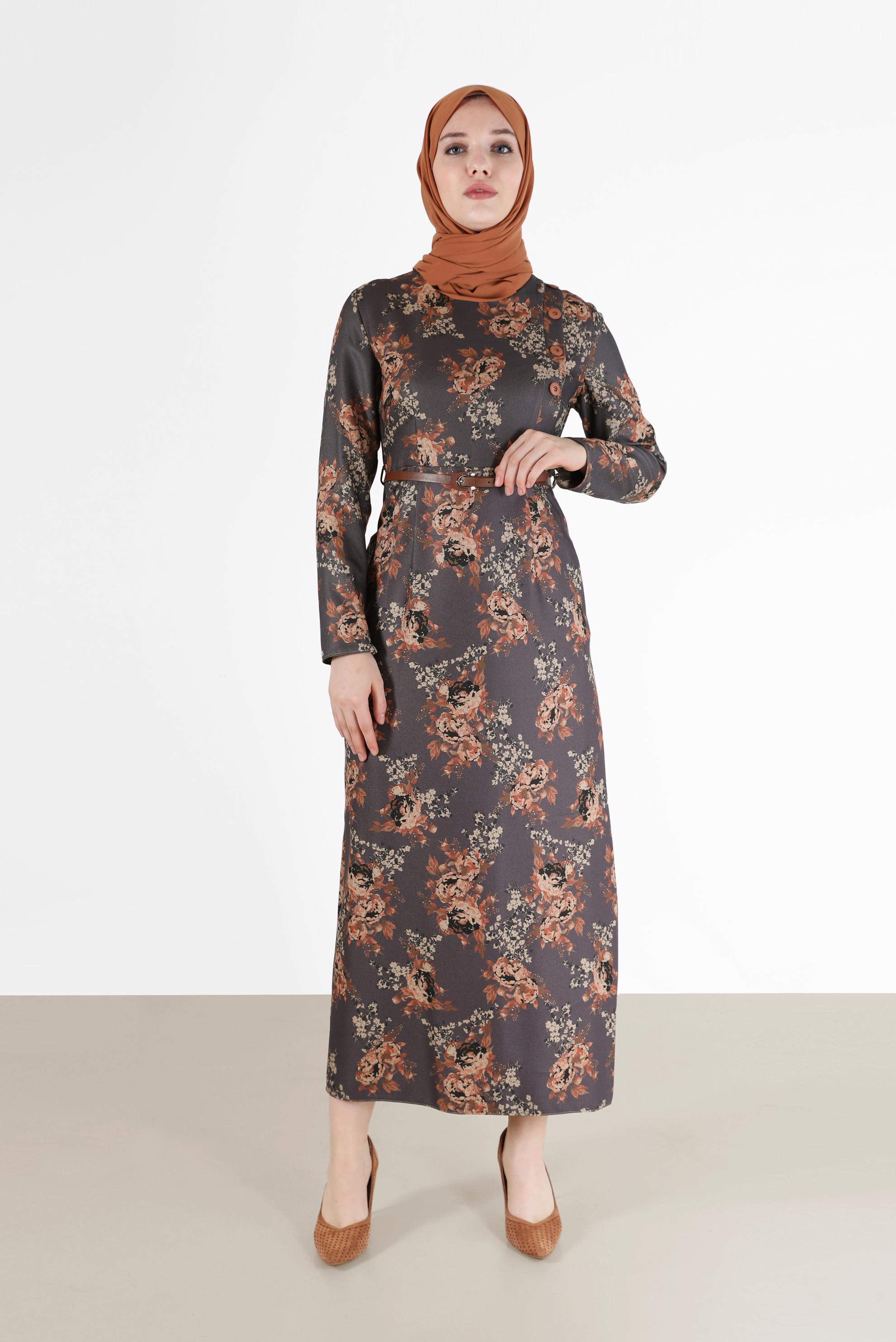Hijab clothing GREY FLORAL PATTERN DRESS 42297 