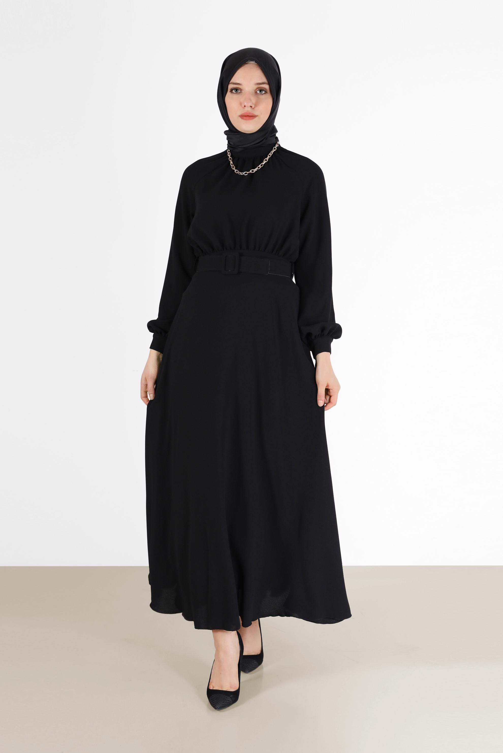 Tesettür giyim SİYAH BELİ KUŞAKLI KREP ELBİSE 42298 