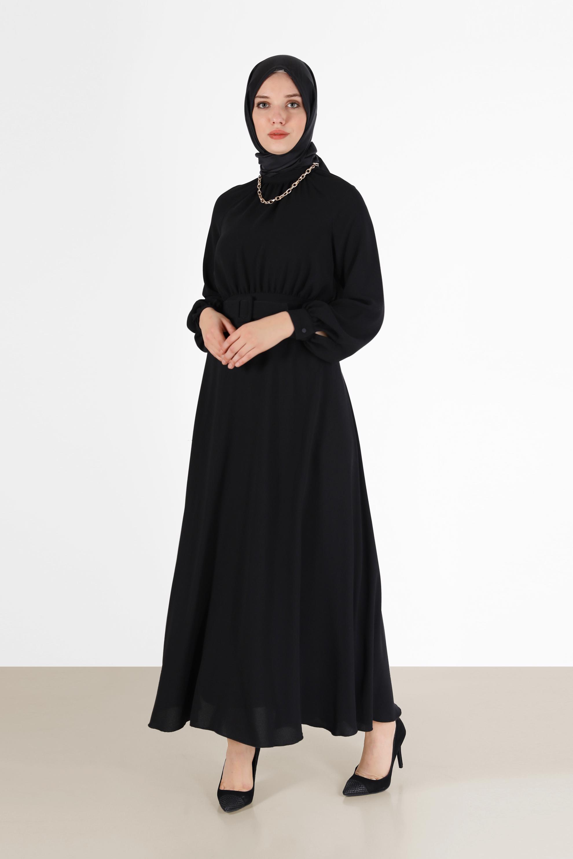 Tesettür giyim SİYAH BELİ KUŞAKLI KREP ELBİSE 42298 