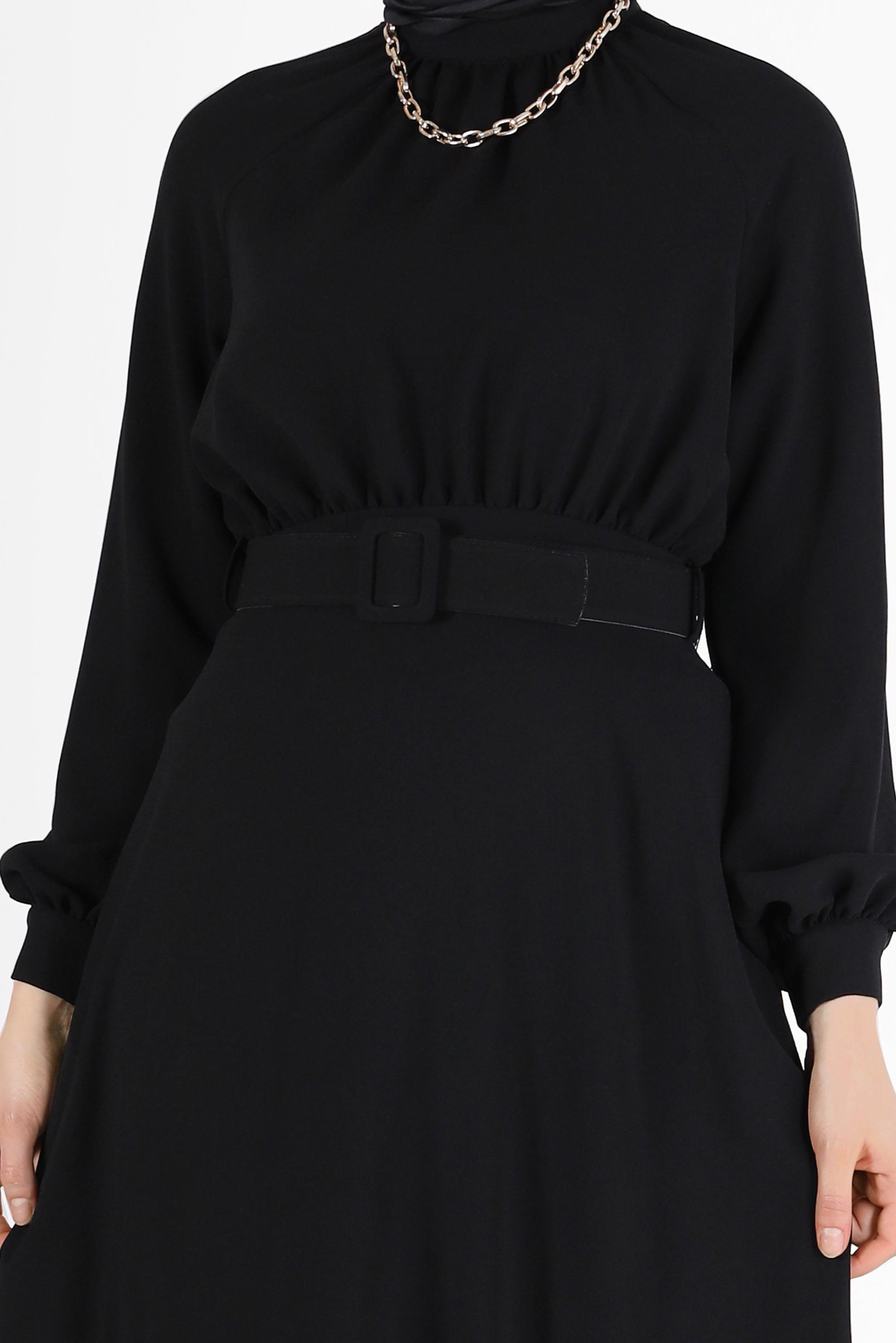 Tesettür giyim SİYAH BELİ KUŞAKLI KREP ELBİSE 42298 