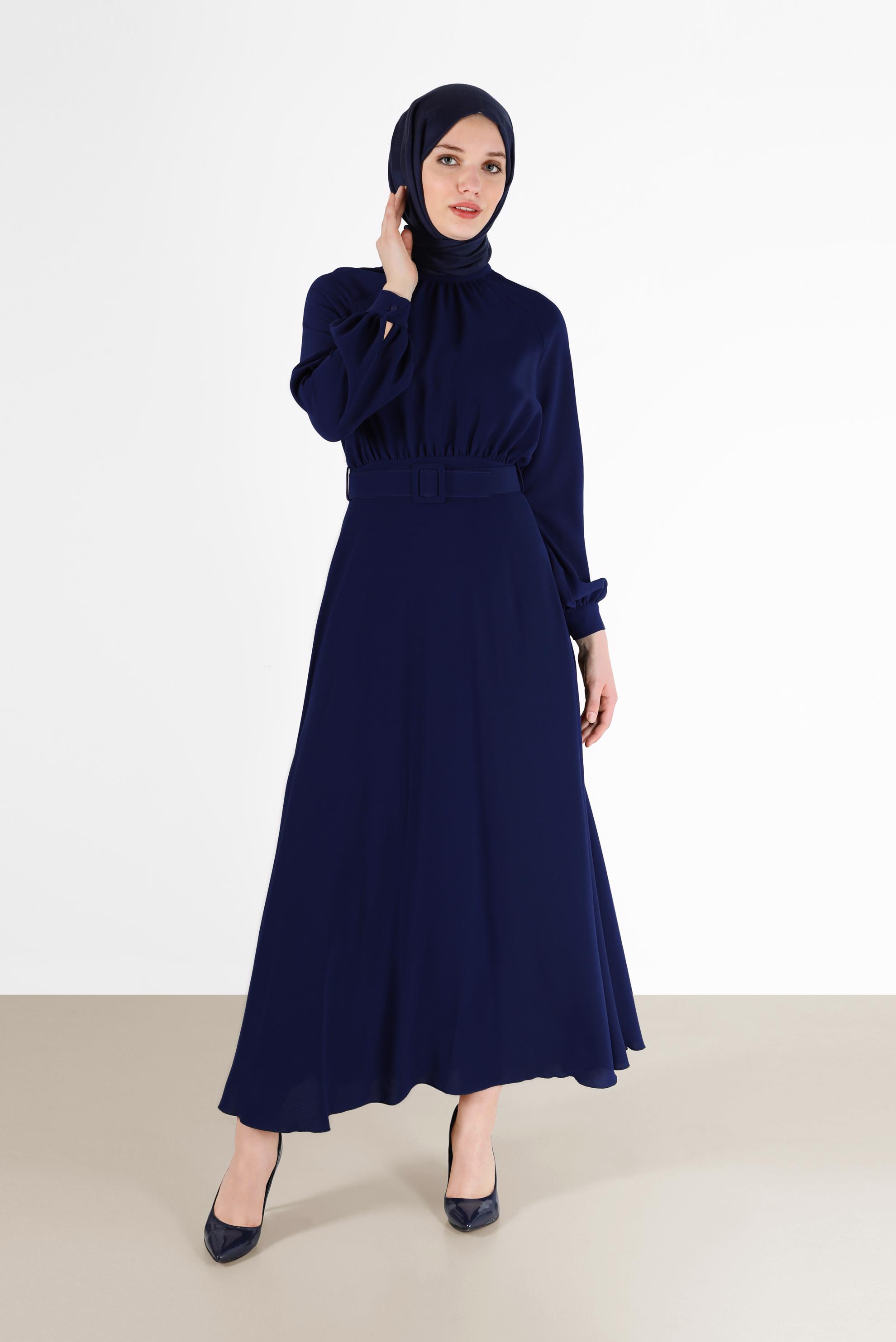 Tesettür giyim LACİVERT BELİ KUŞAKLI KREP ELBİSE 42298 
