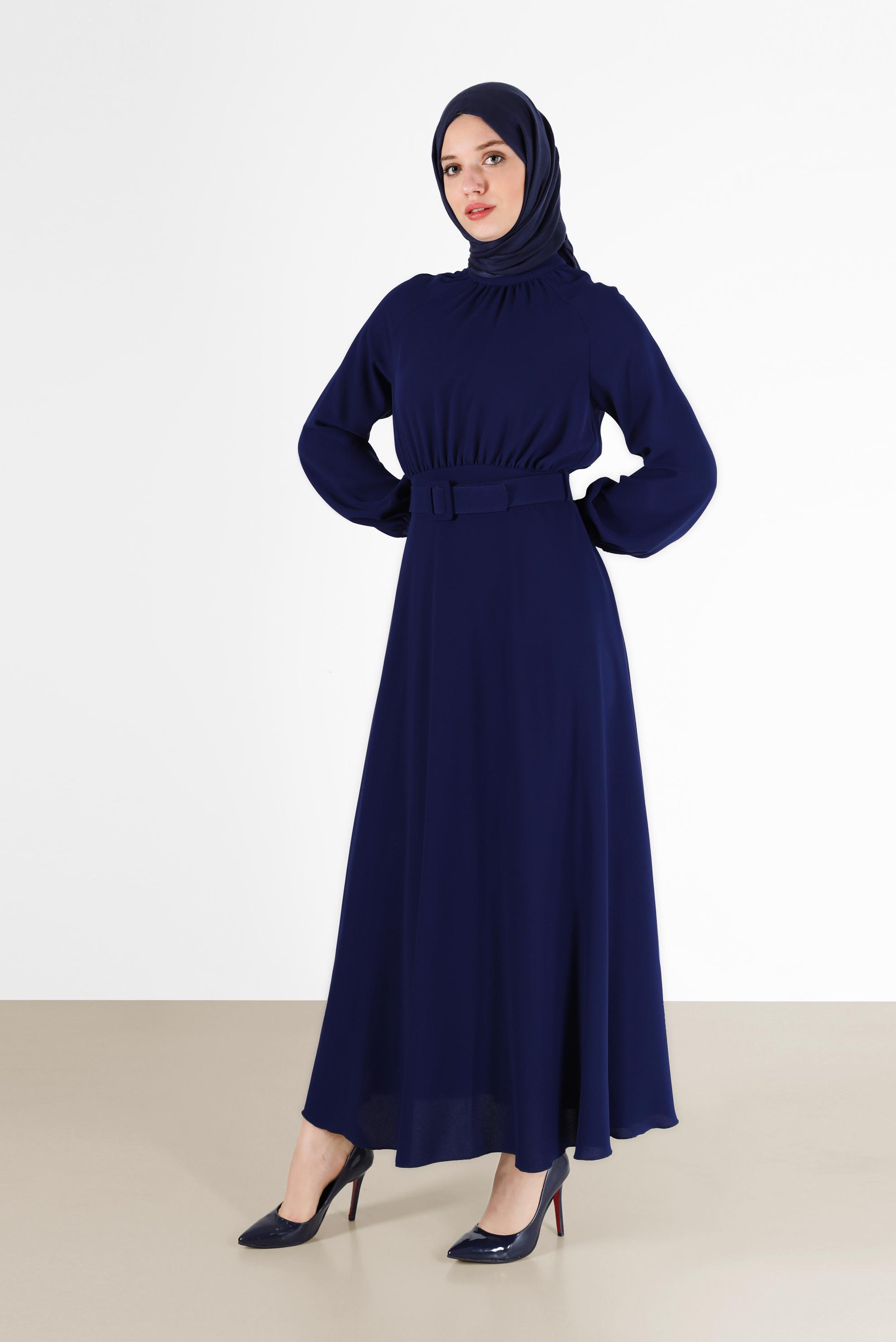 Tesettür giyim LACİVERT BELİ KUŞAKLI KREP ELBİSE 42298 