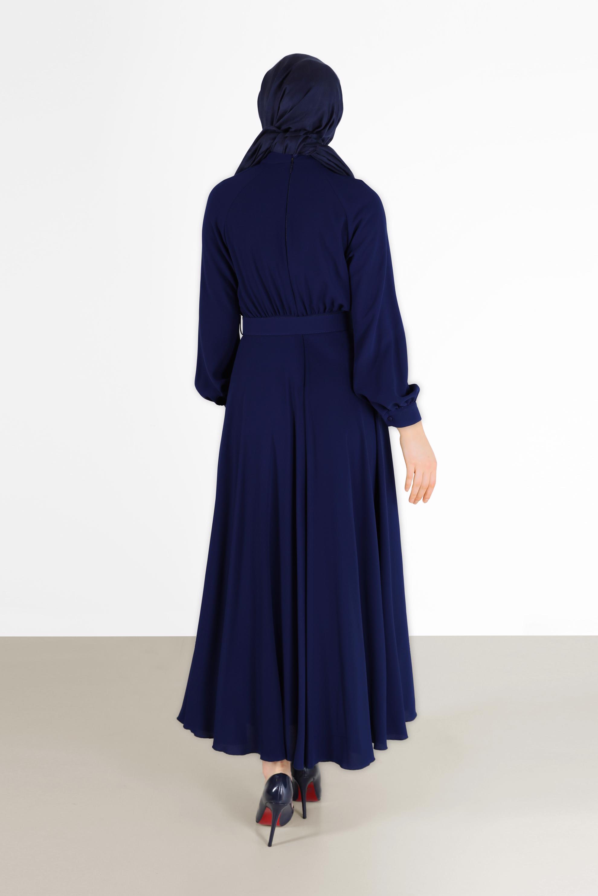 Tesettür giyim LACİVERT BELİ KUŞAKLI KREP ELBİSE 42298 