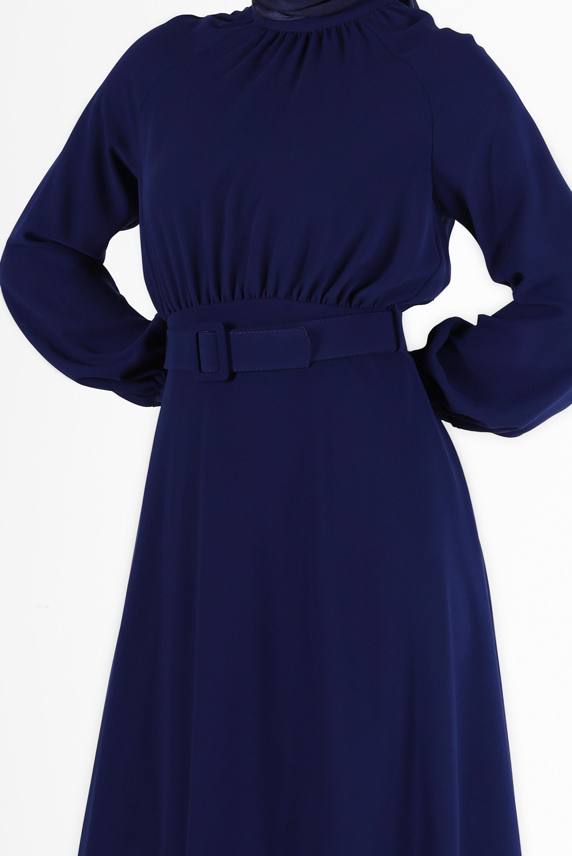 Tesettür giyim LACİVERT BELİ KUŞAKLI KREP ELBİSE 42298 