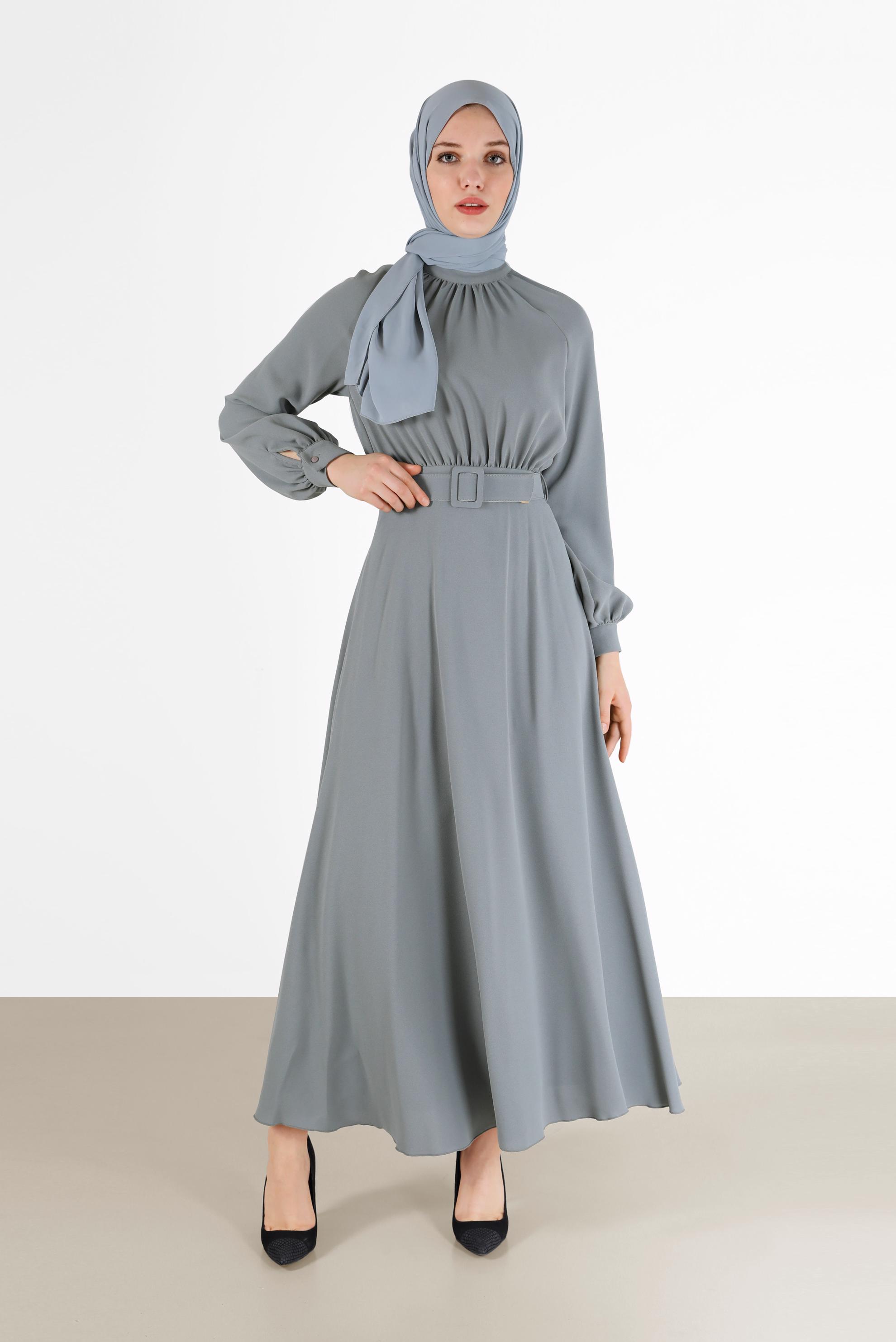Tesettür giyim GRİ BELİ KUŞAKLI KREP ELBİSE 42298 