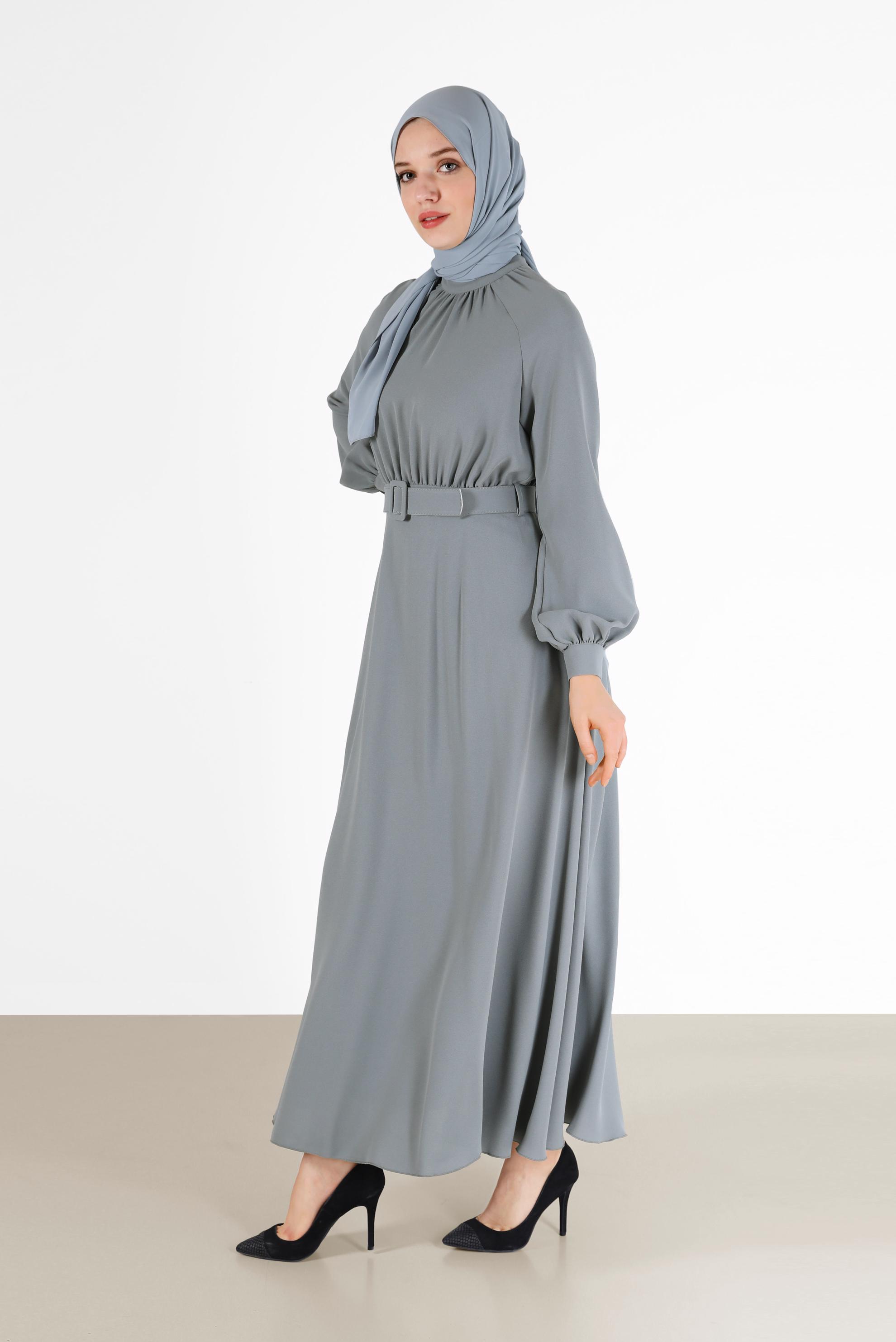 Tesettür giyim GRİ BELİ KUŞAKLI KREP ELBİSE 42298 