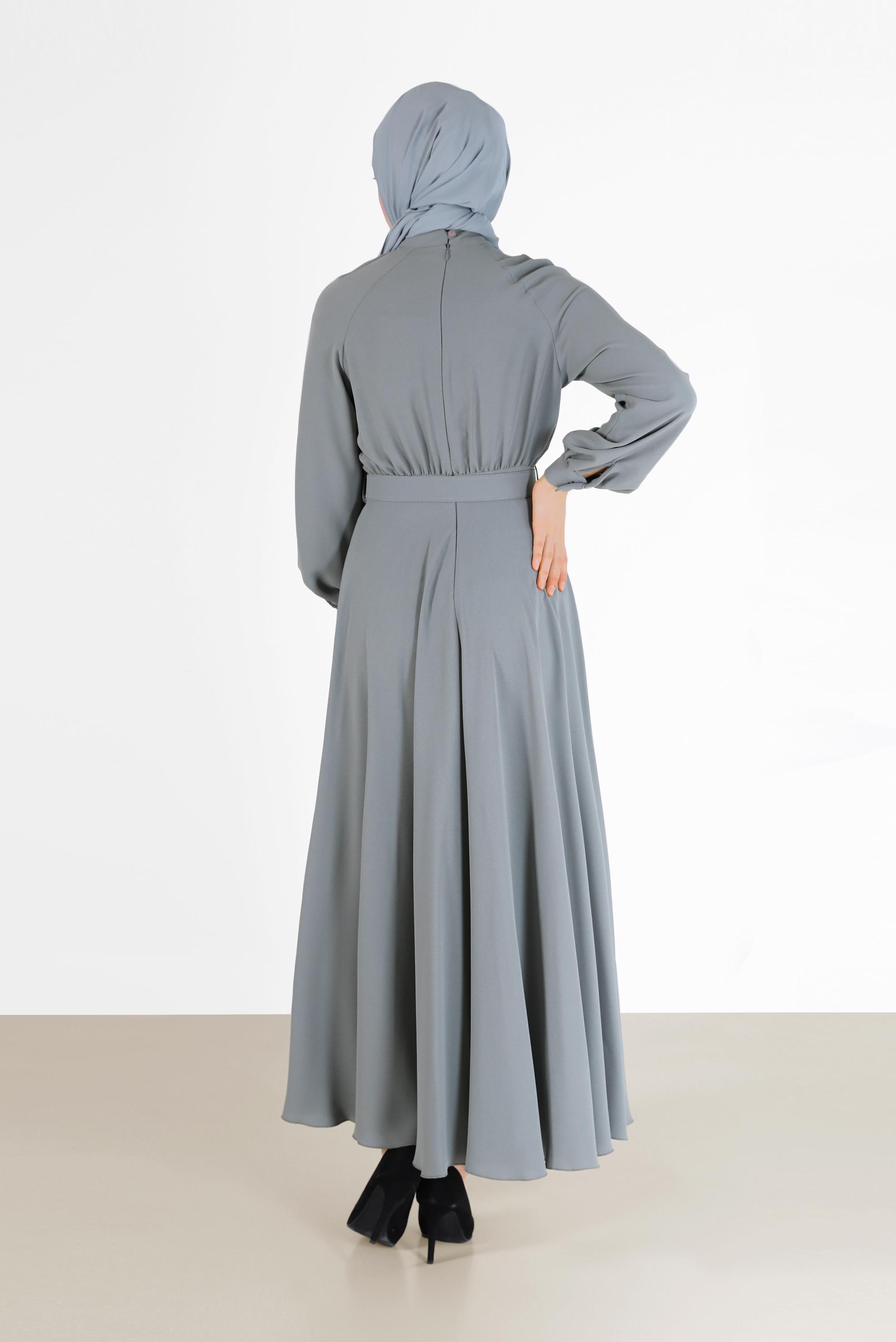 Tesettür giyim GRİ BELİ KUŞAKLI KREP ELBİSE 42298 