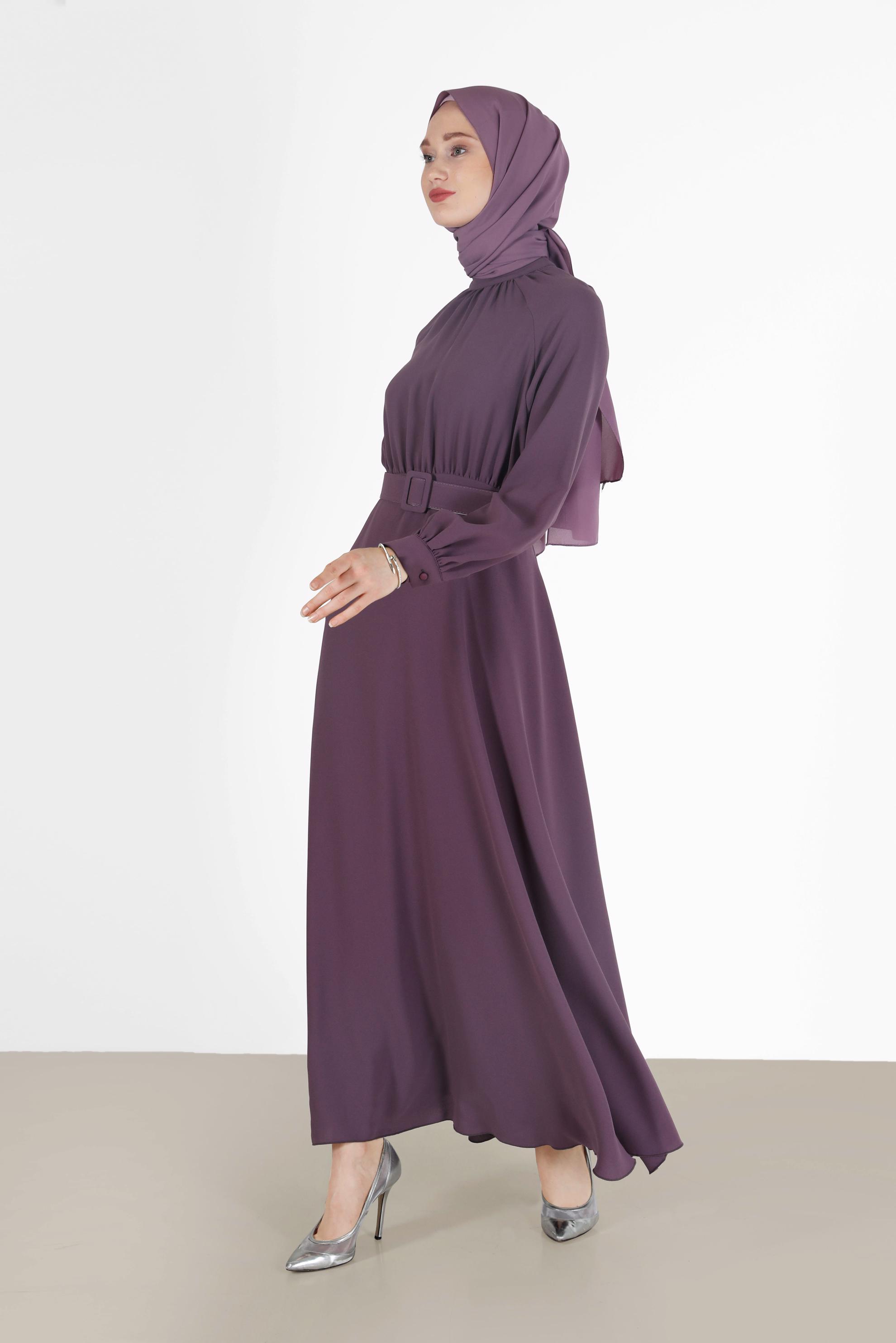 Hijab clothing PURPLE BELTED CREPE DRESS 42298 