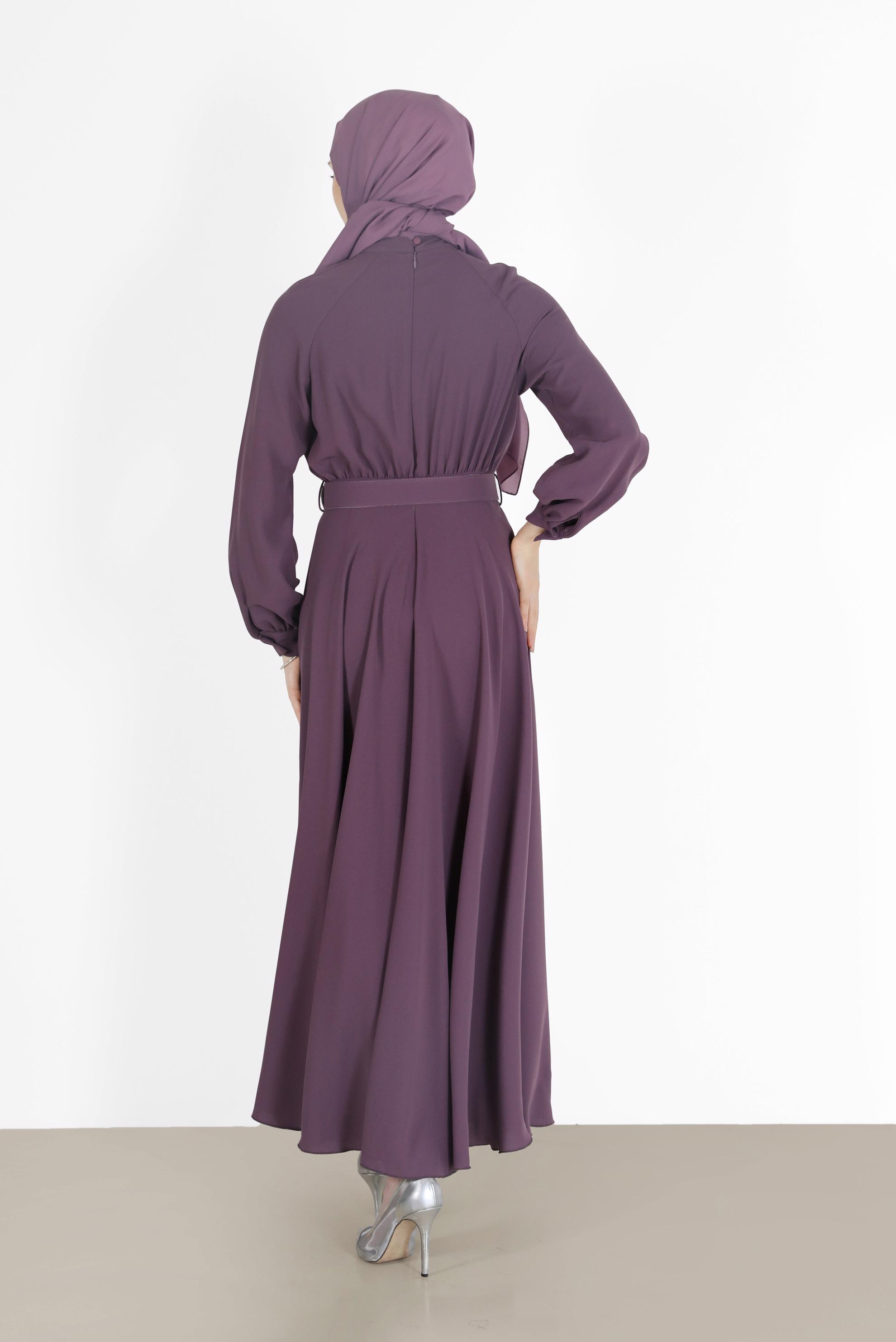 Hijab clothing PURPLE BELTED CREPE DRESS 42298 