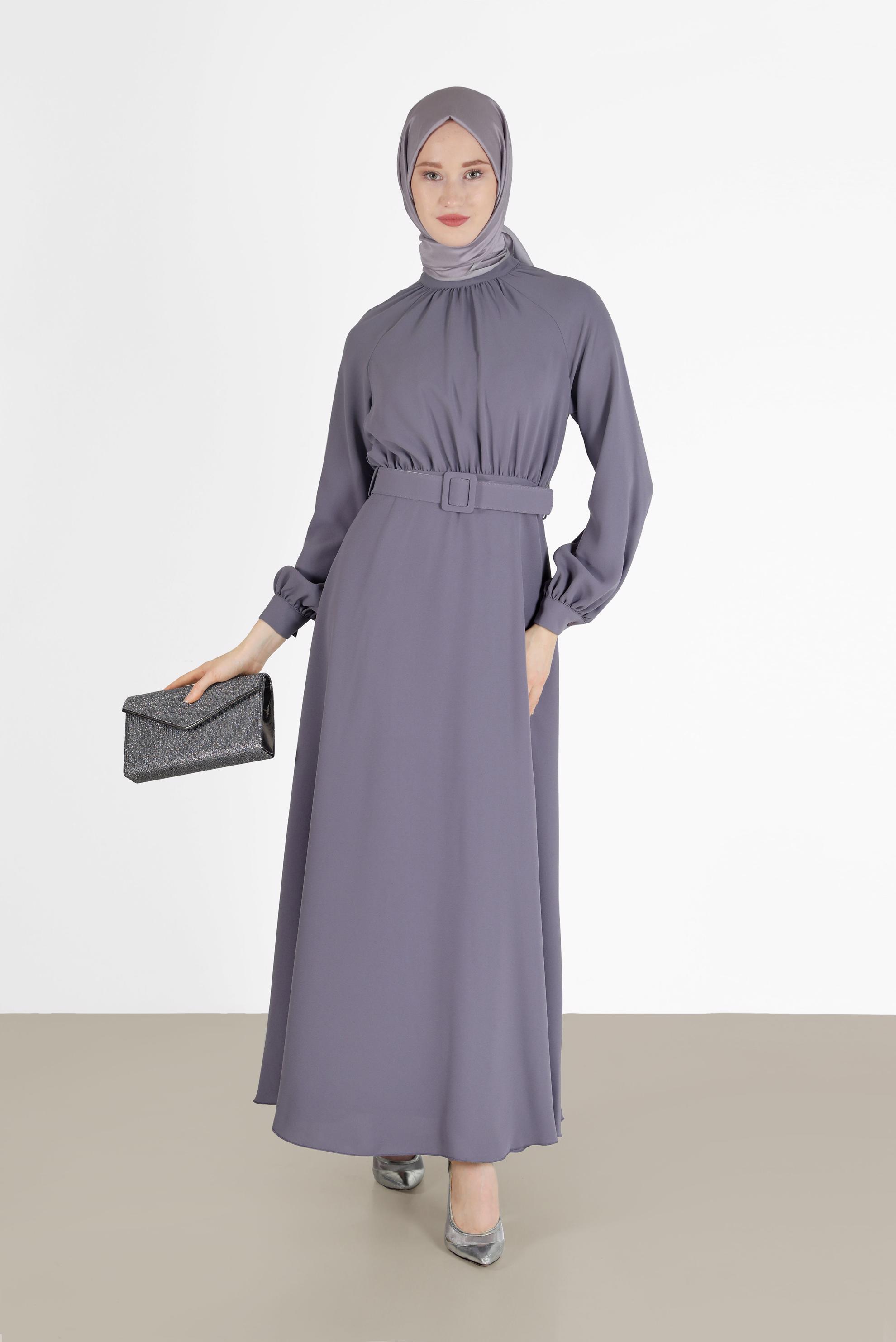 Tesettür giyim MOR BELİ KUŞAKLI KREP ELBİSE 42298 