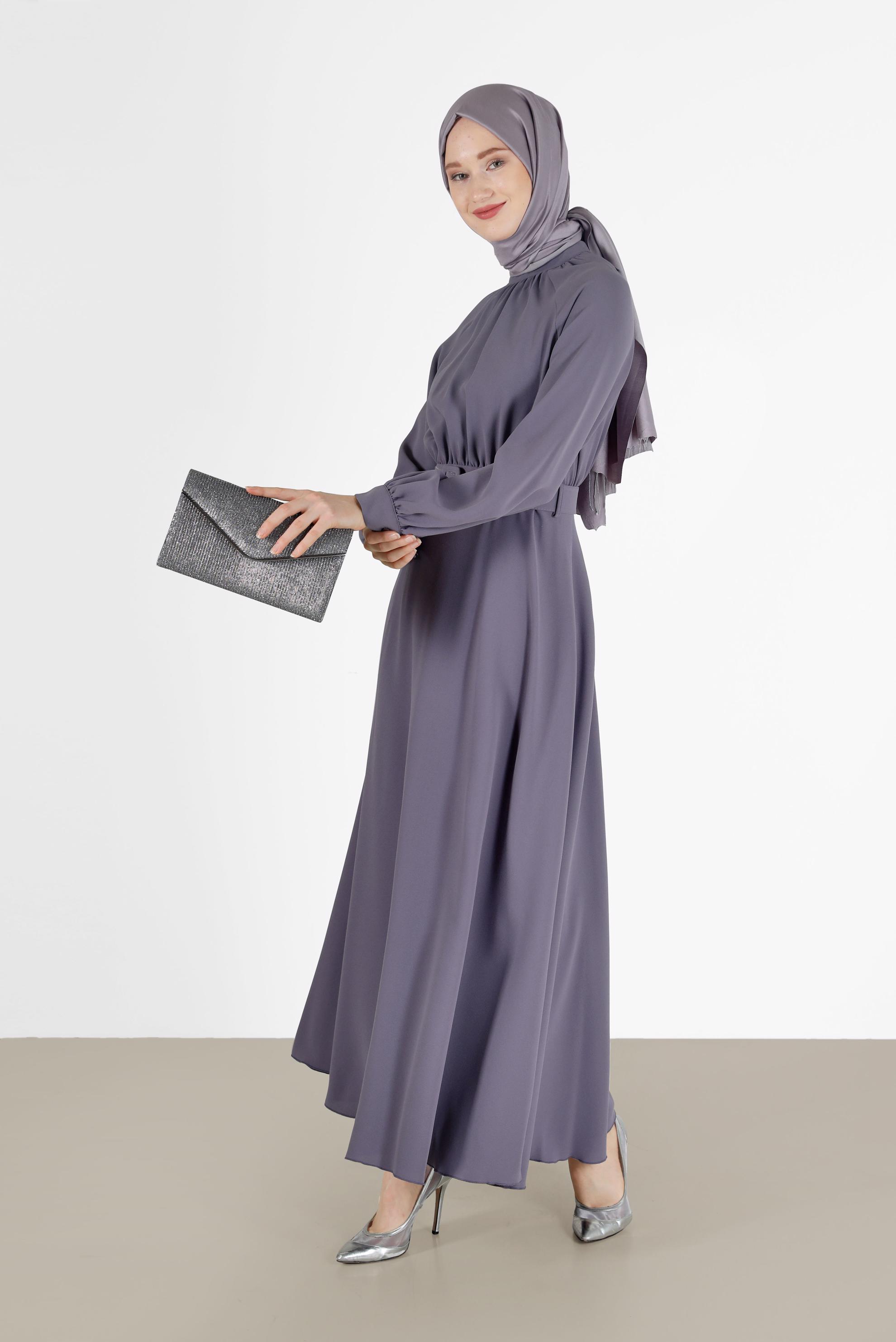 Tesettür giyim MOR BELİ KUŞAKLI KREP ELBİSE 42298 