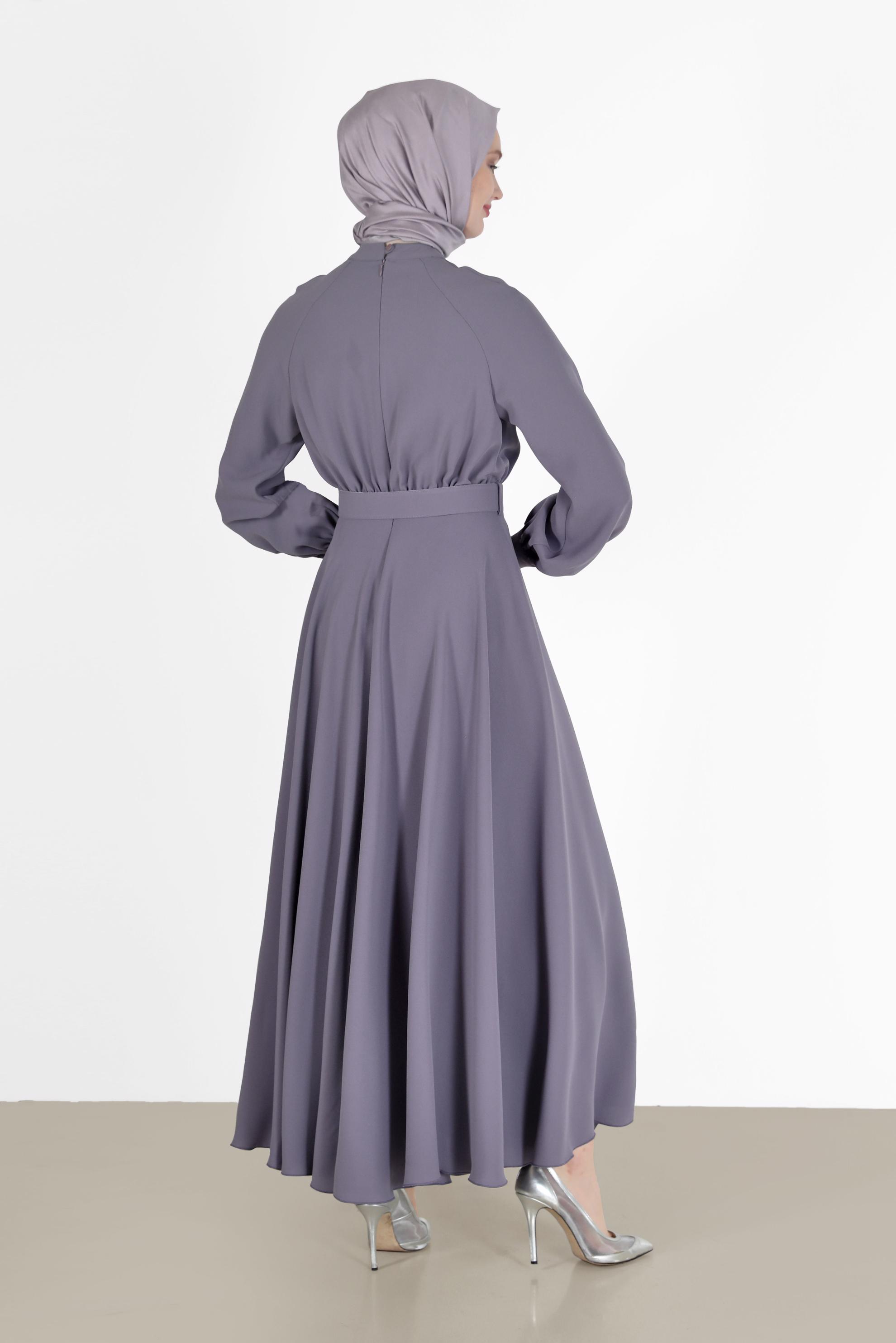 Tesettür giyim MOR BELİ KUŞAKLI KREP ELBİSE 42298 