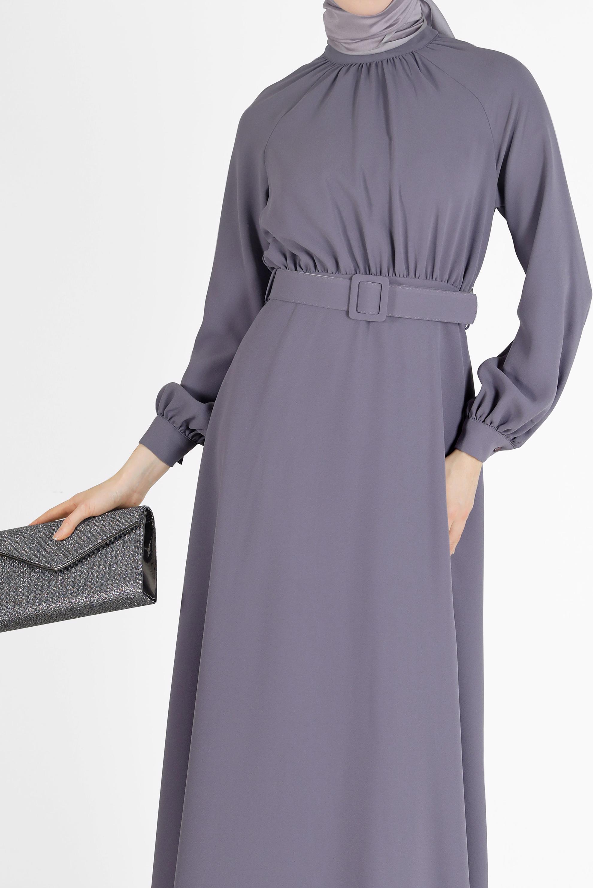 Tesettür giyim MOR BELİ KUŞAKLI KREP ELBİSE 42298 