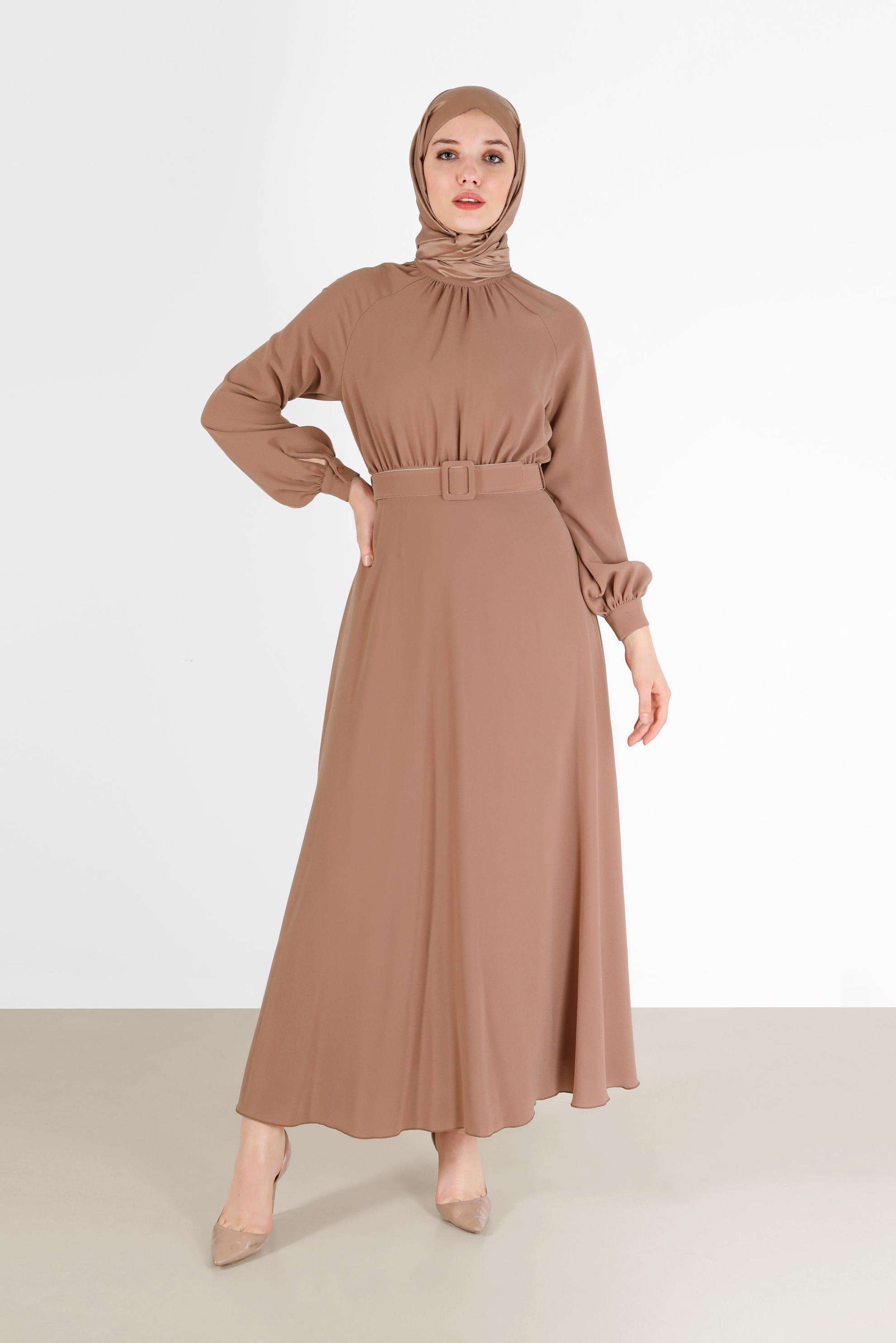 Tesettür giyim KAHVE BELİ KUŞAKLI KREP ELBİSE 42298 