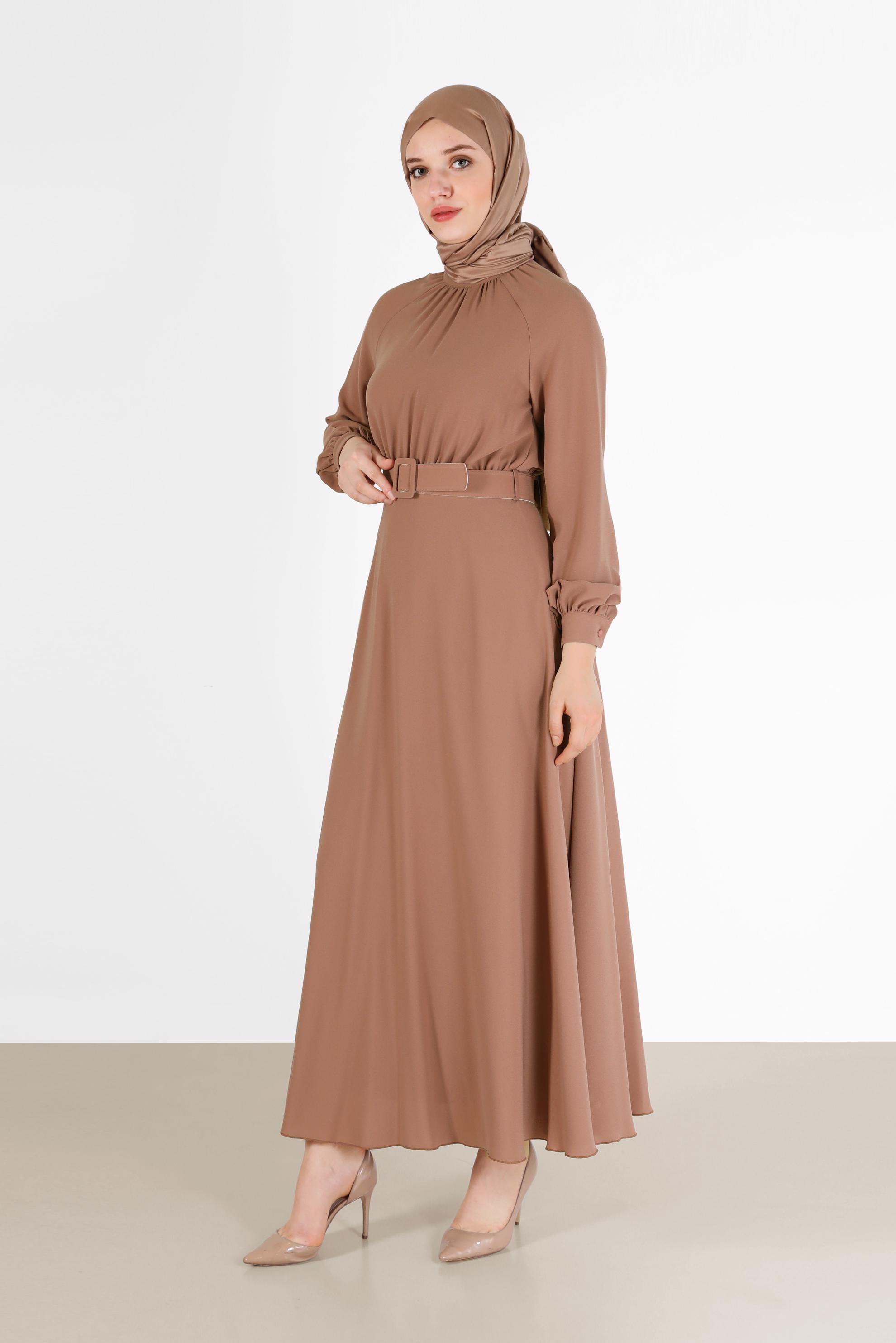 Tesettür giyim KAHVE BELİ KUŞAKLI KREP ELBİSE 42298 