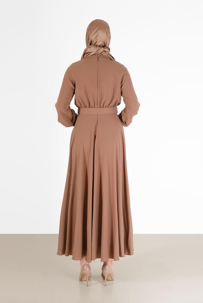 Tesettür giyim KAHVE BELİ KUŞAKLI KREP ELBİSE 42298  - ALVİNA