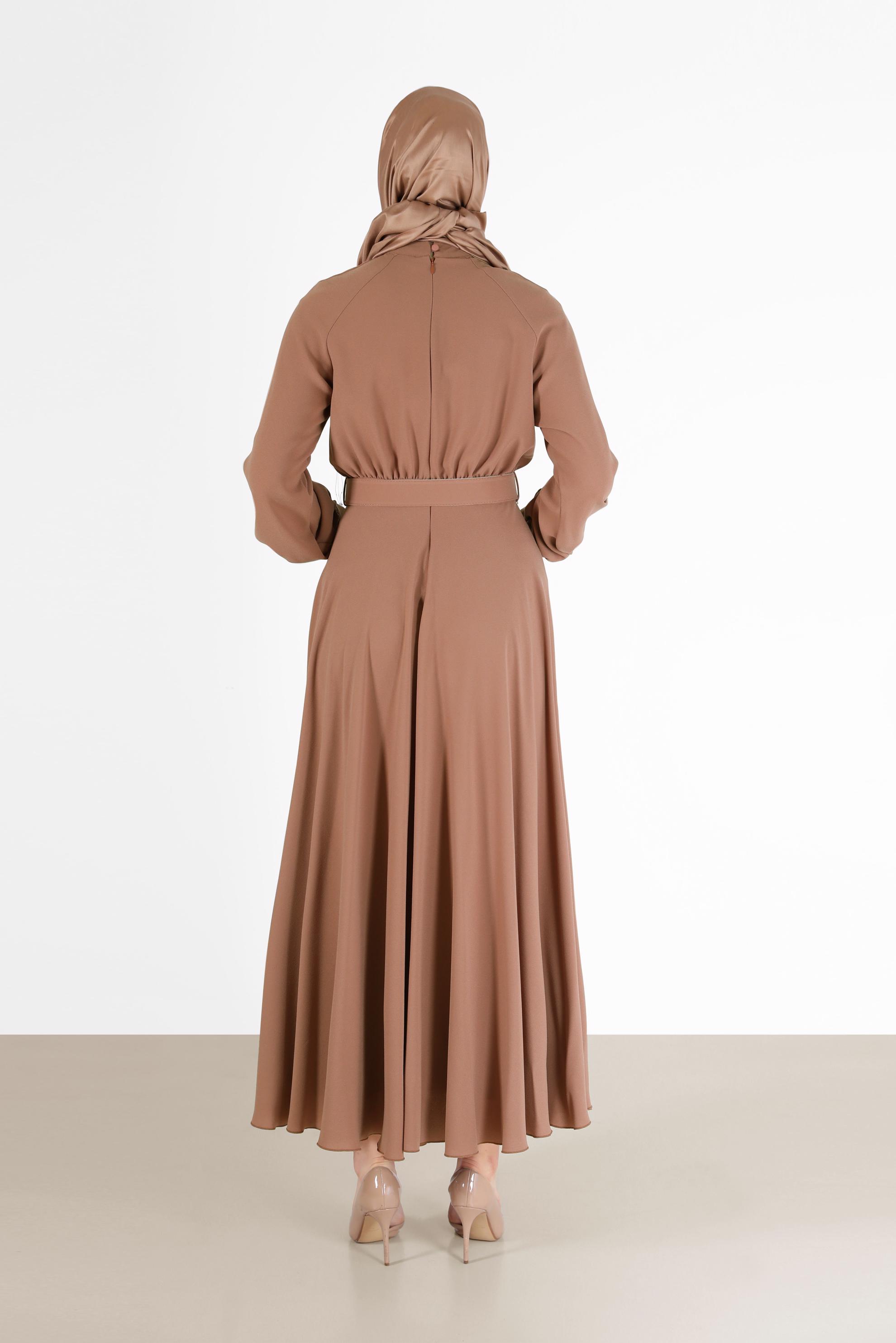 Tesettür giyim KAHVE BELİ KUŞAKLI KREP ELBİSE 42298 