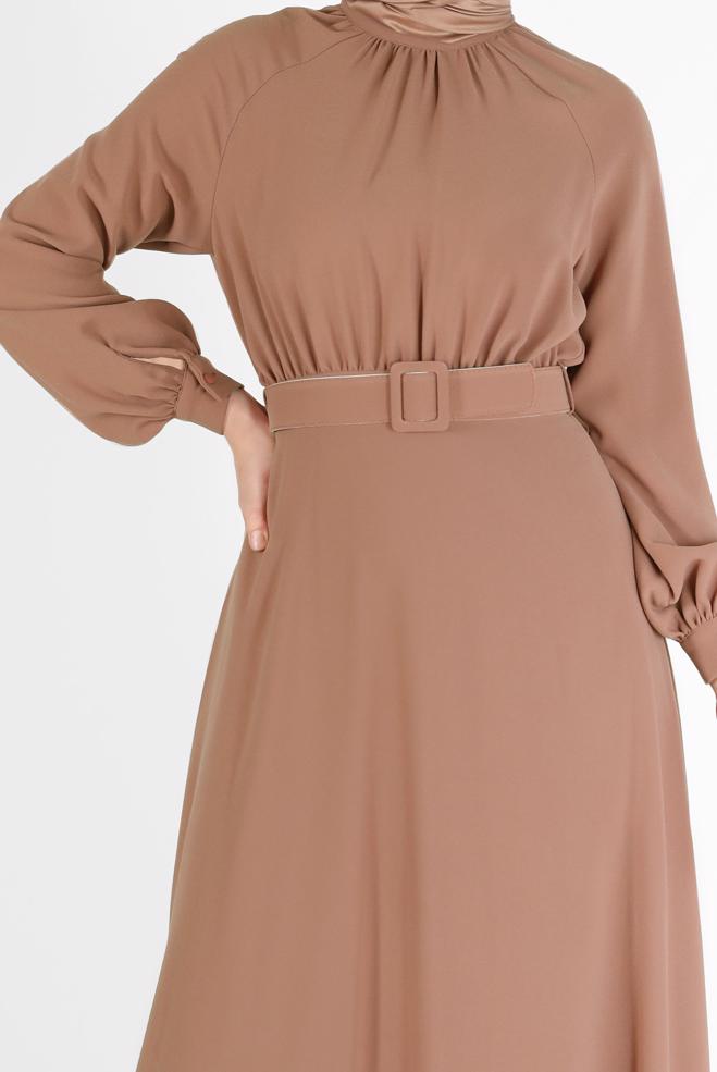 Tesettür giyim KAHVE BELİ KUŞAKLI KREP ELBİSE 42298  - ALVİNA