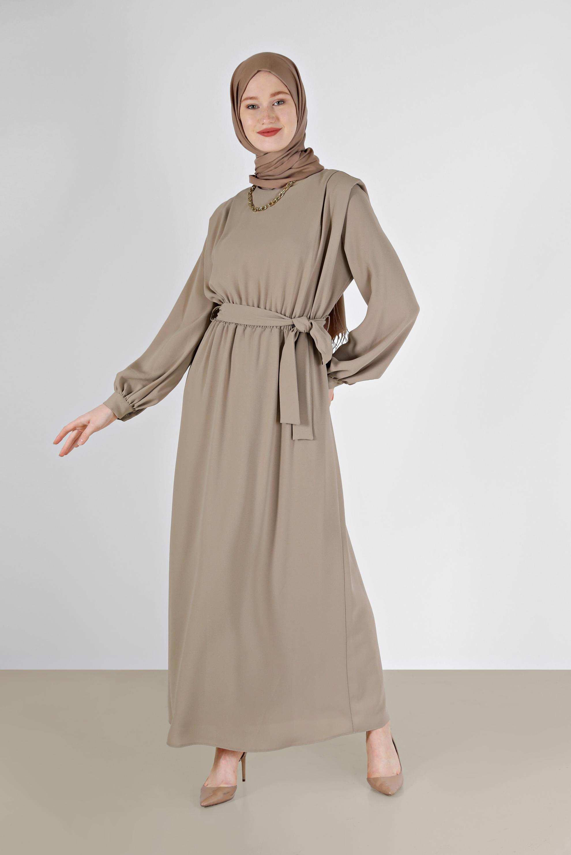 Hijab clothing BEIGE BELTED CREPE DRESS 42313 
