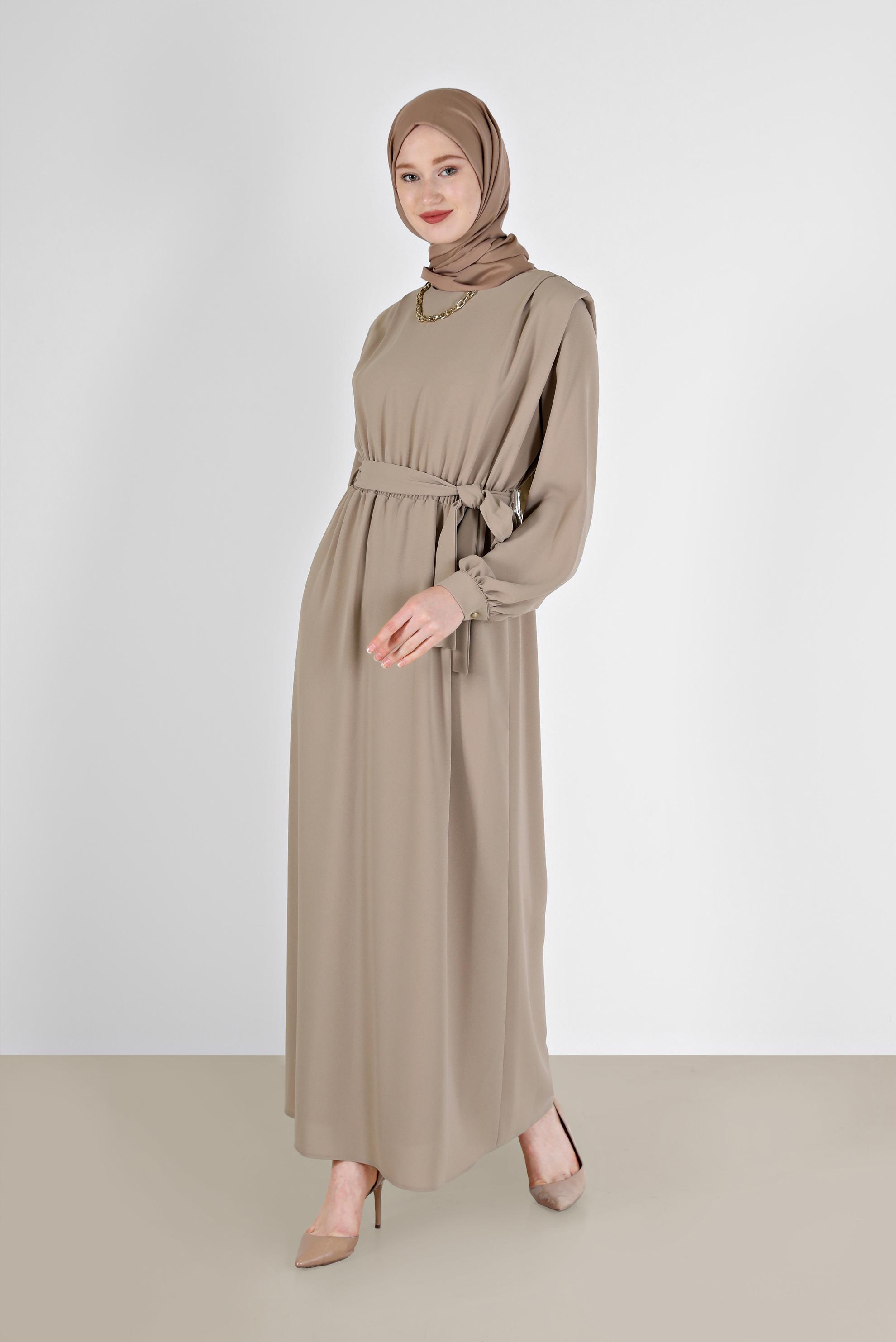 Hijab clothing BEIGE BELTED CREPE DRESS 42313 