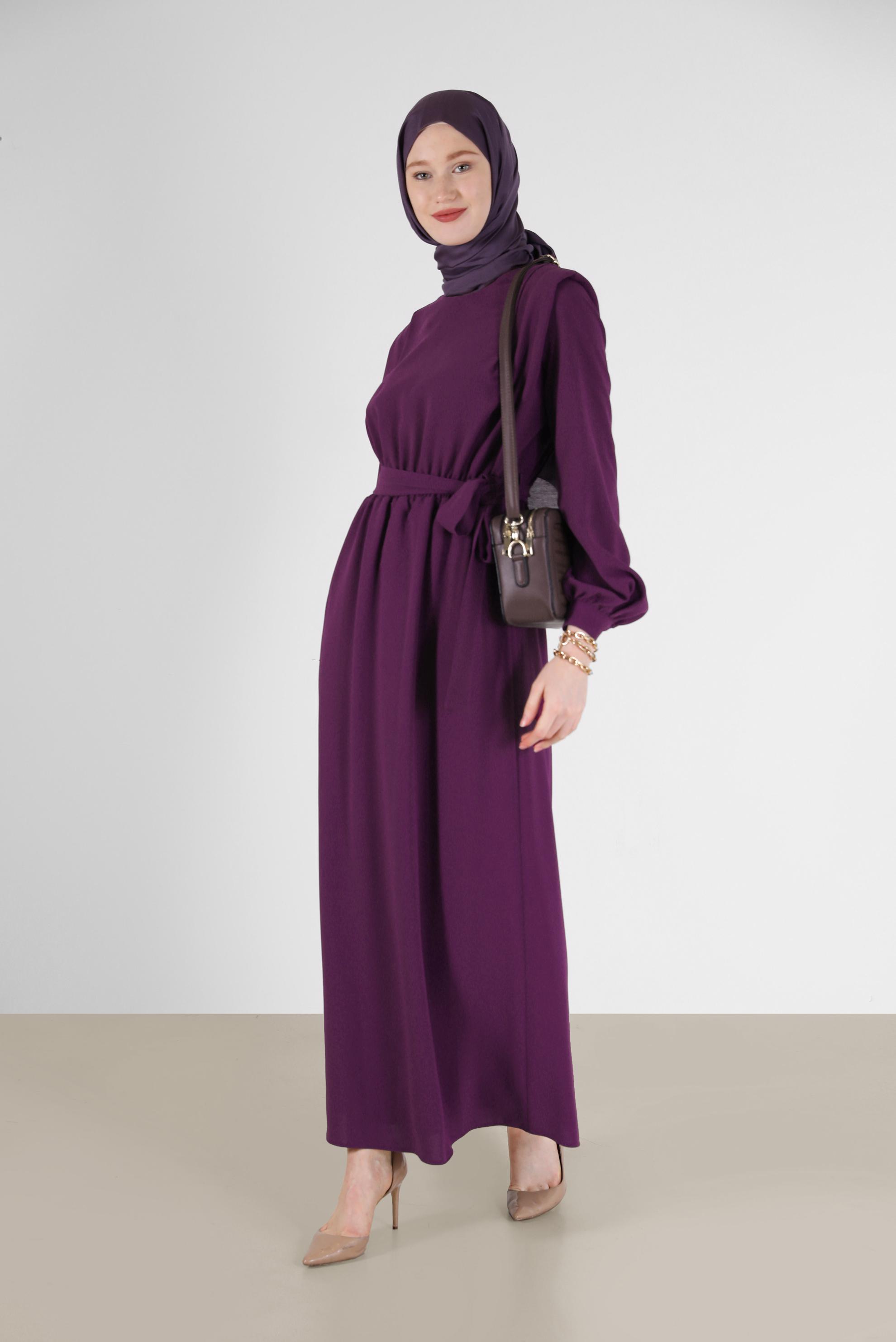 Tesettür giyim MÜRDÜM BELİ KUŞAKLI KREP ELBİSE 42313 