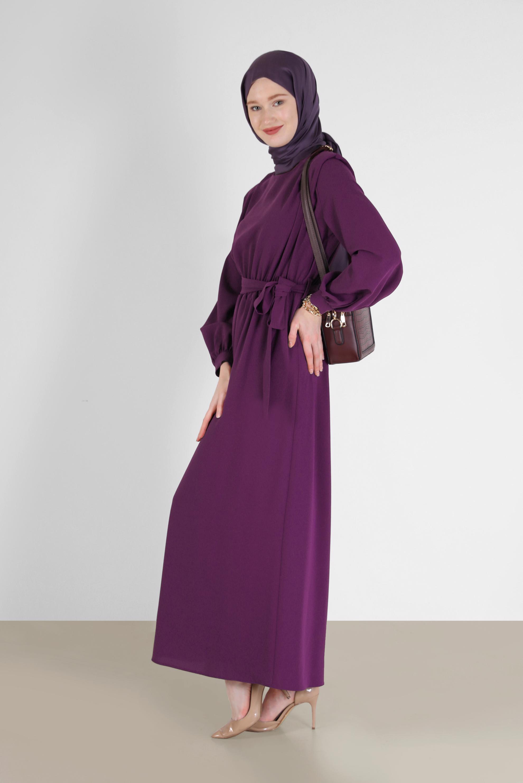 Tesettür giyim MÜRDÜM BELİ KUŞAKLI KREP ELBİSE 42313 