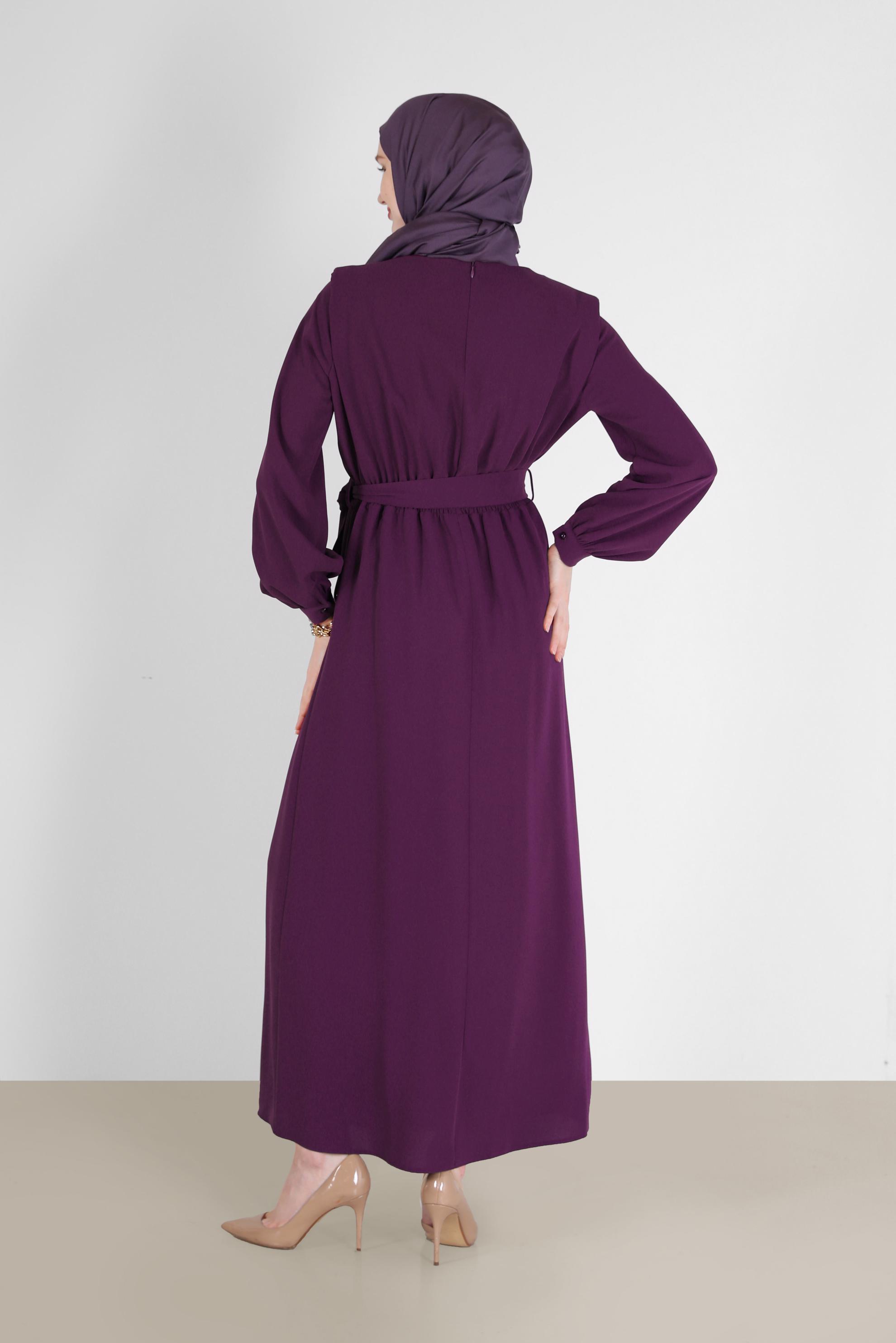 Tesettür giyim MÜRDÜM BELİ KUŞAKLI KREP ELBİSE 42313 