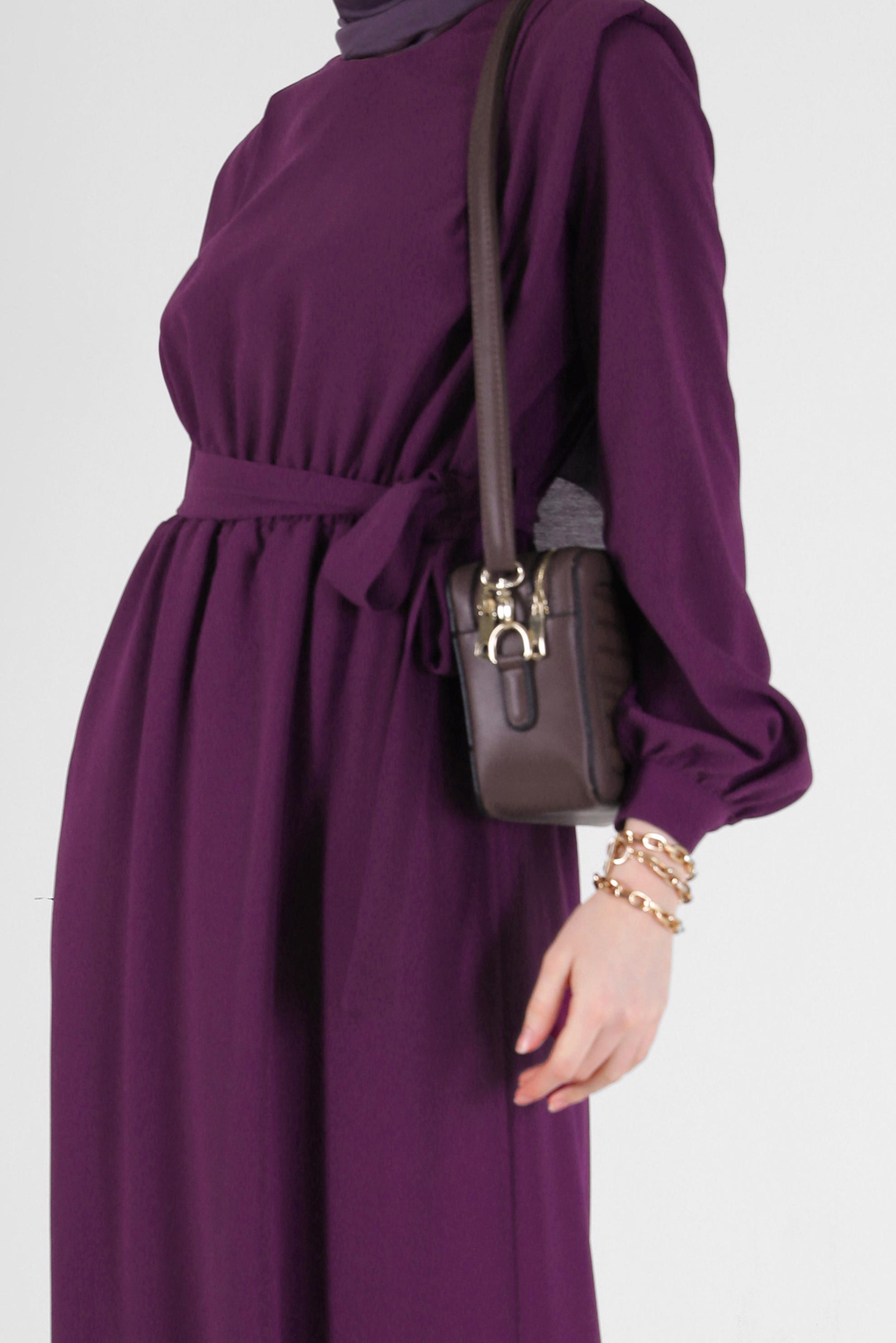 Tesettür giyim MÜRDÜM BELİ KUŞAKLI KREP ELBİSE 42313 