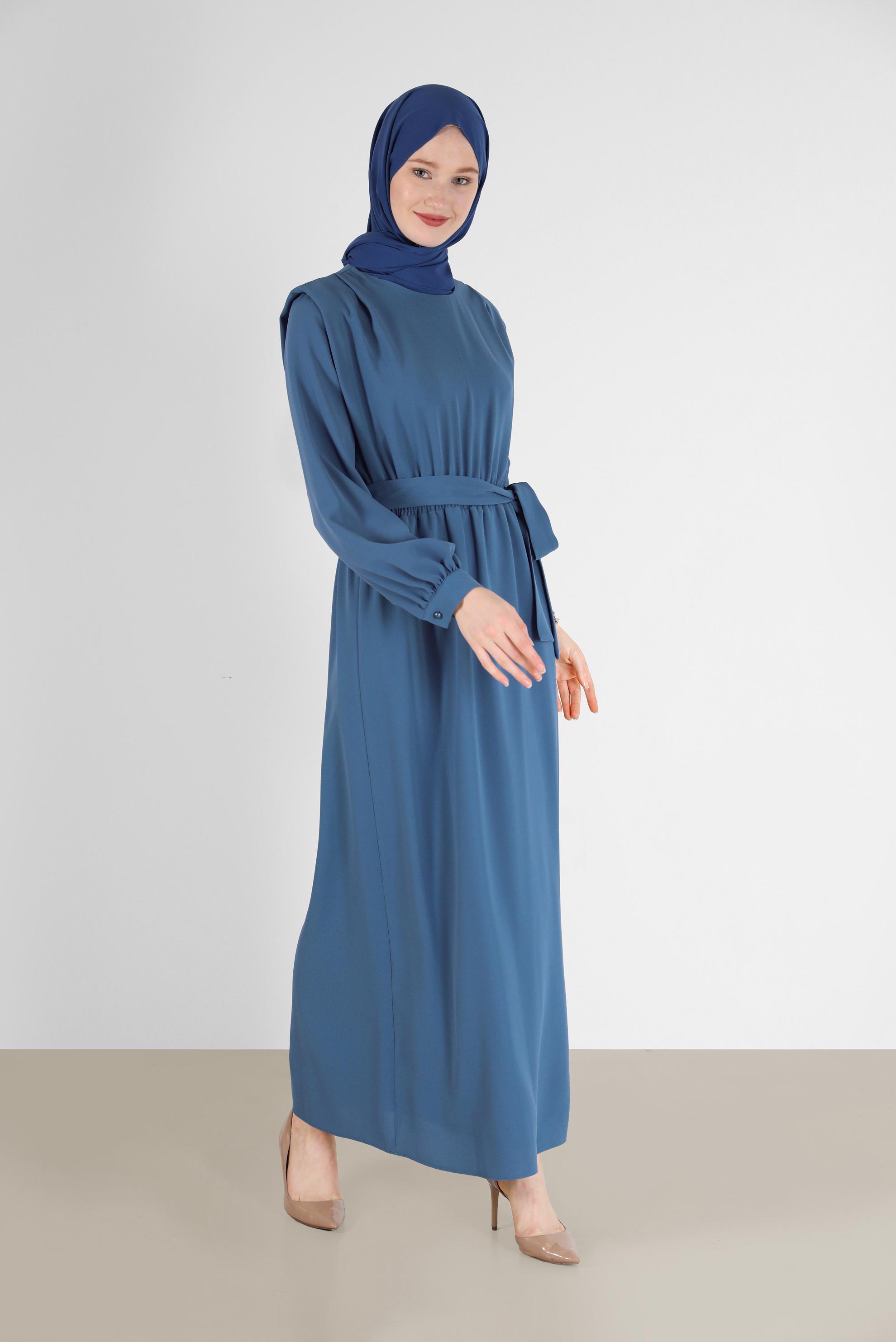 Hijab clothing NAVY BLUE BELTED CREPE DRESS 42313 
