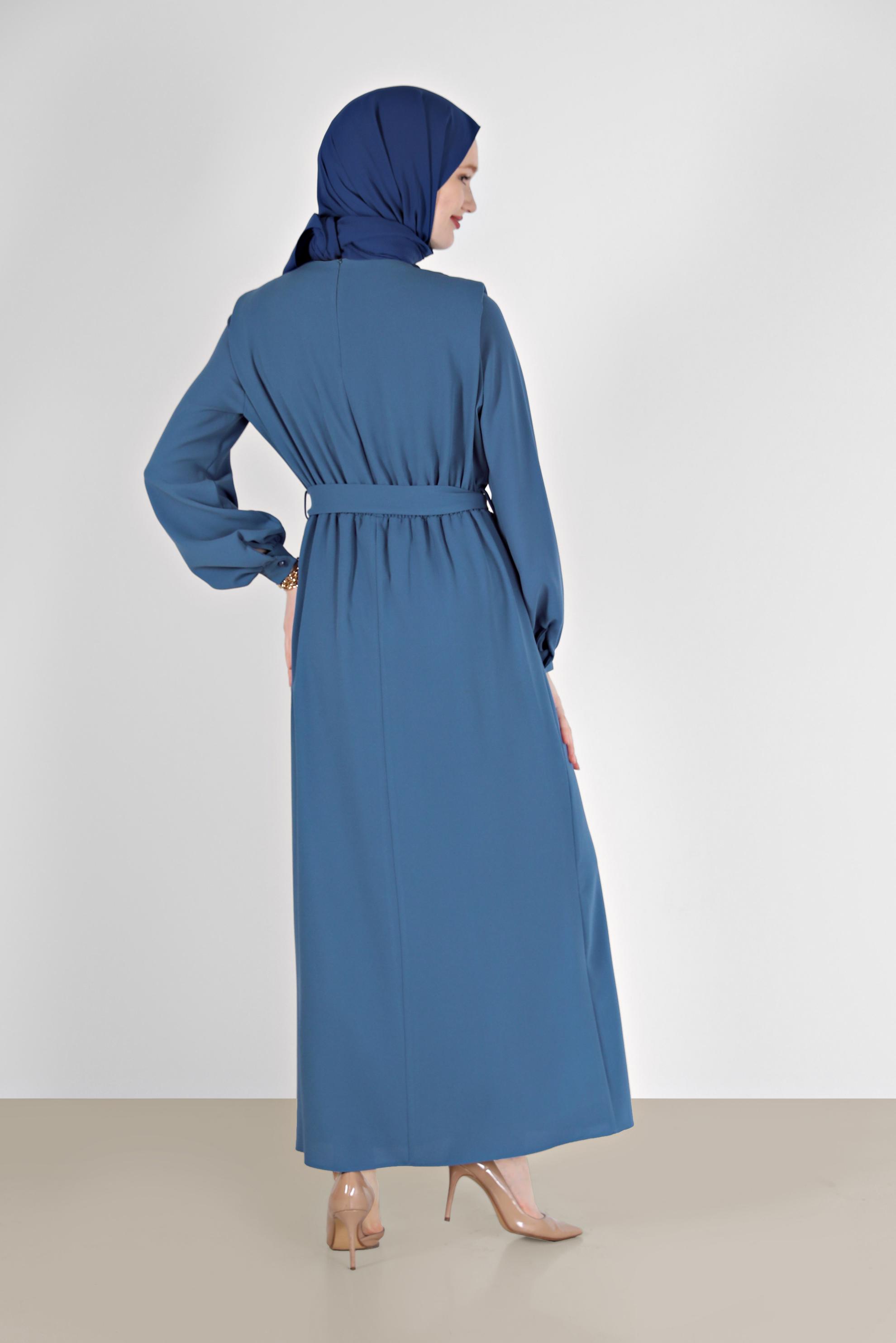 Hijab clothing NAVY BLUE BELTED CREPE DRESS 42313 