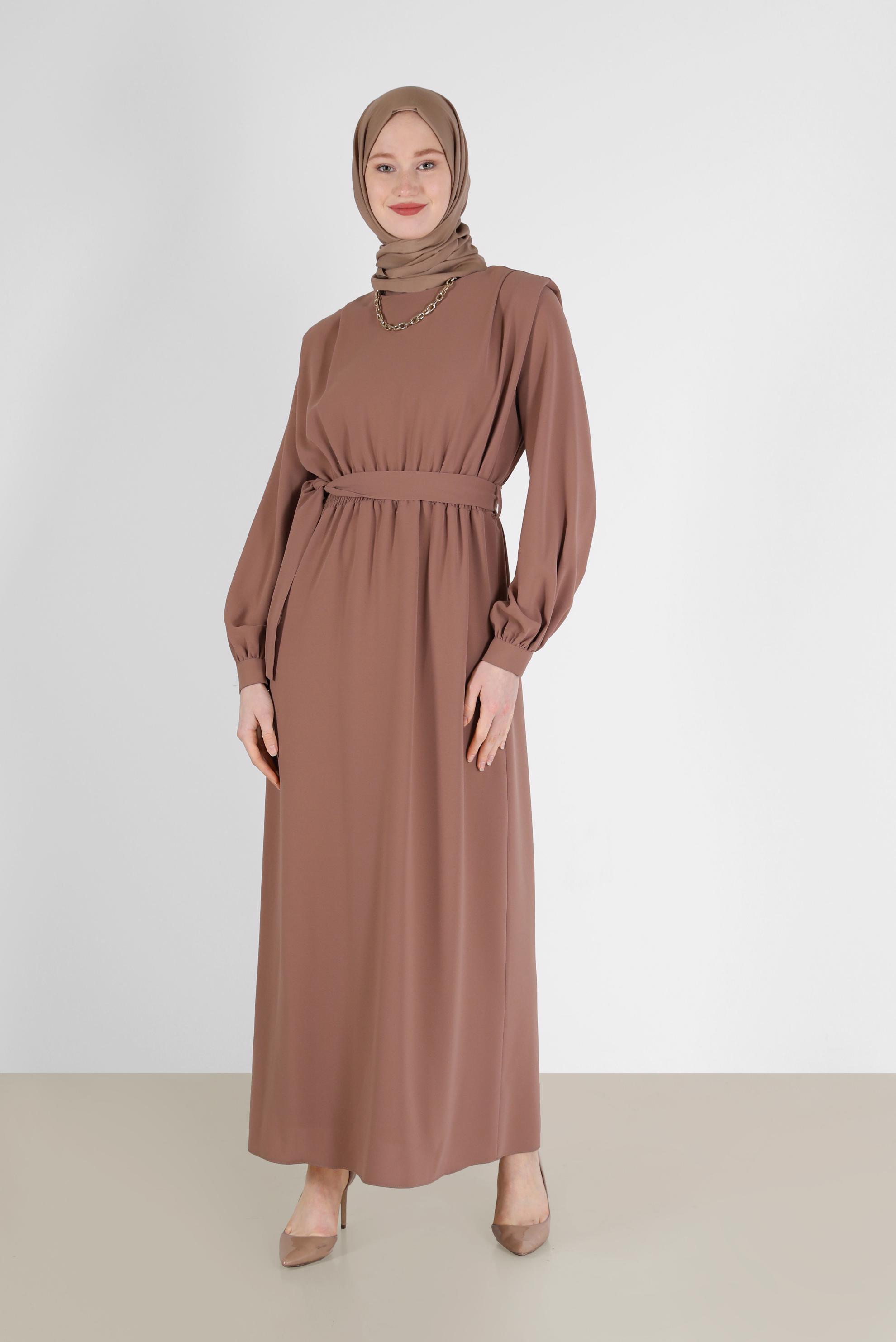 Tesettür giyim KAHVE BELİ KUŞAKLI KREP ELBİSE 42313 