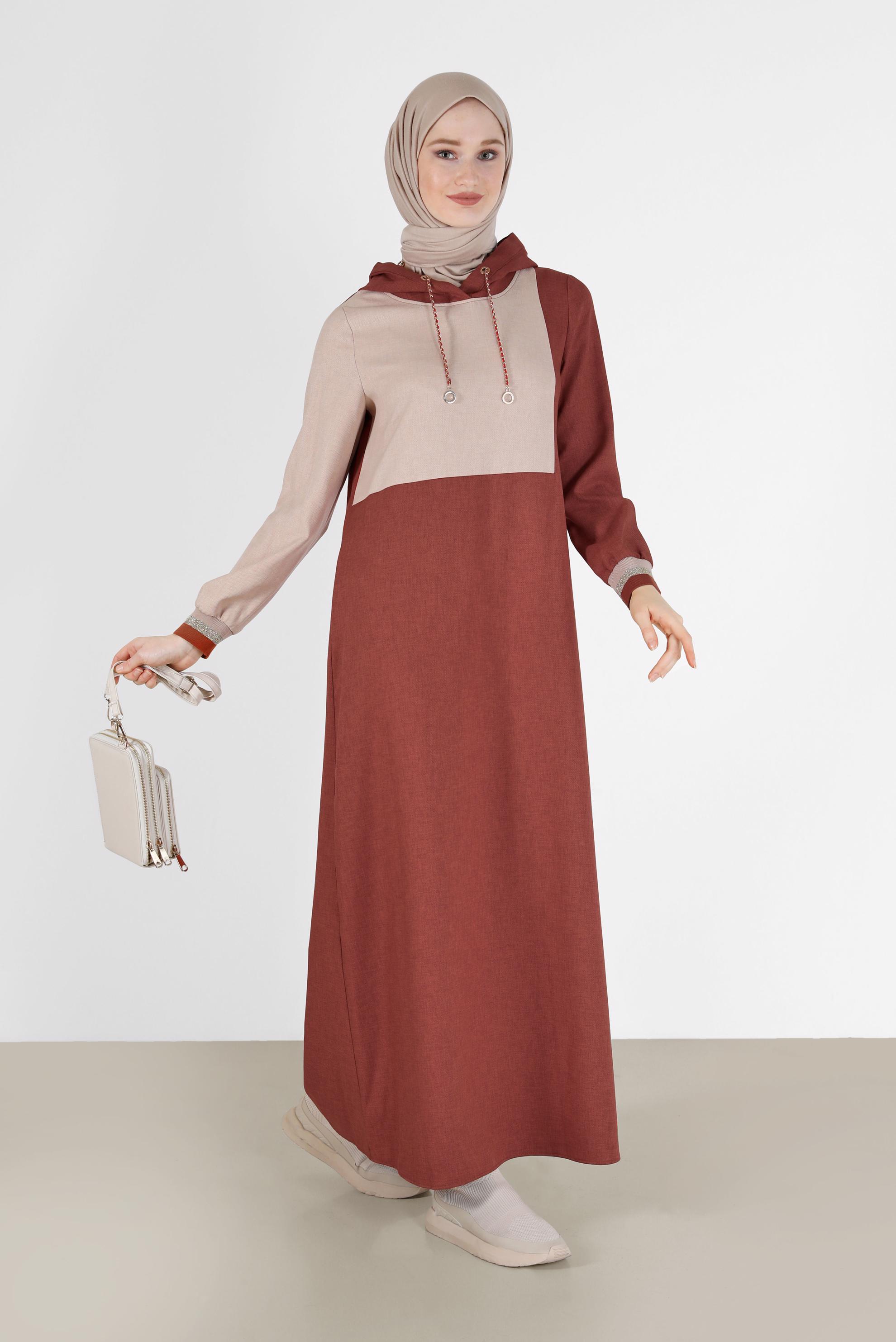 Tesettür giyim TURUNCU İKİ RENKLİ KAPÜŞONLU ELBİSE 42314 