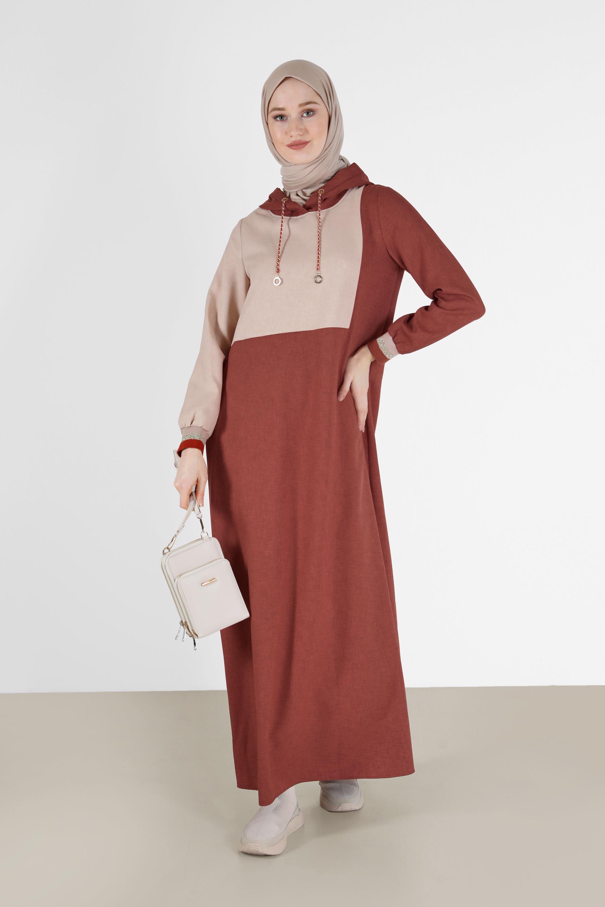 Tesettür giyim TURUNCU İKİ RENKLİ KAPÜŞONLU ELBİSE 42314 