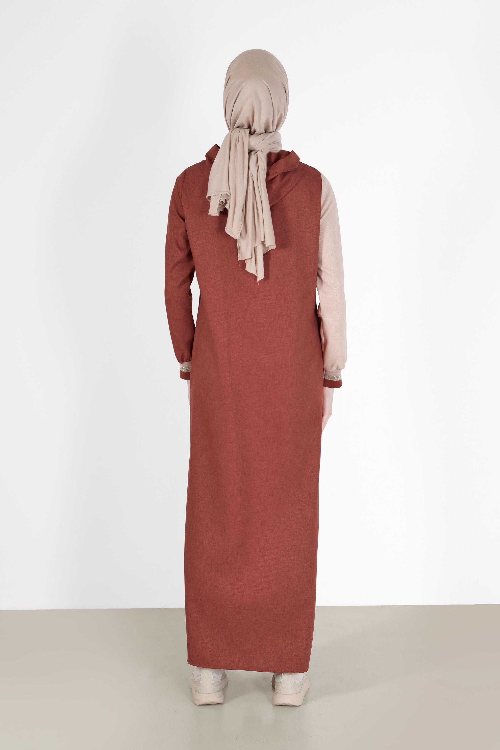 Tesettür giyim TURUNCU İKİ RENKLİ KAPÜŞONLU ELBİSE 42314 