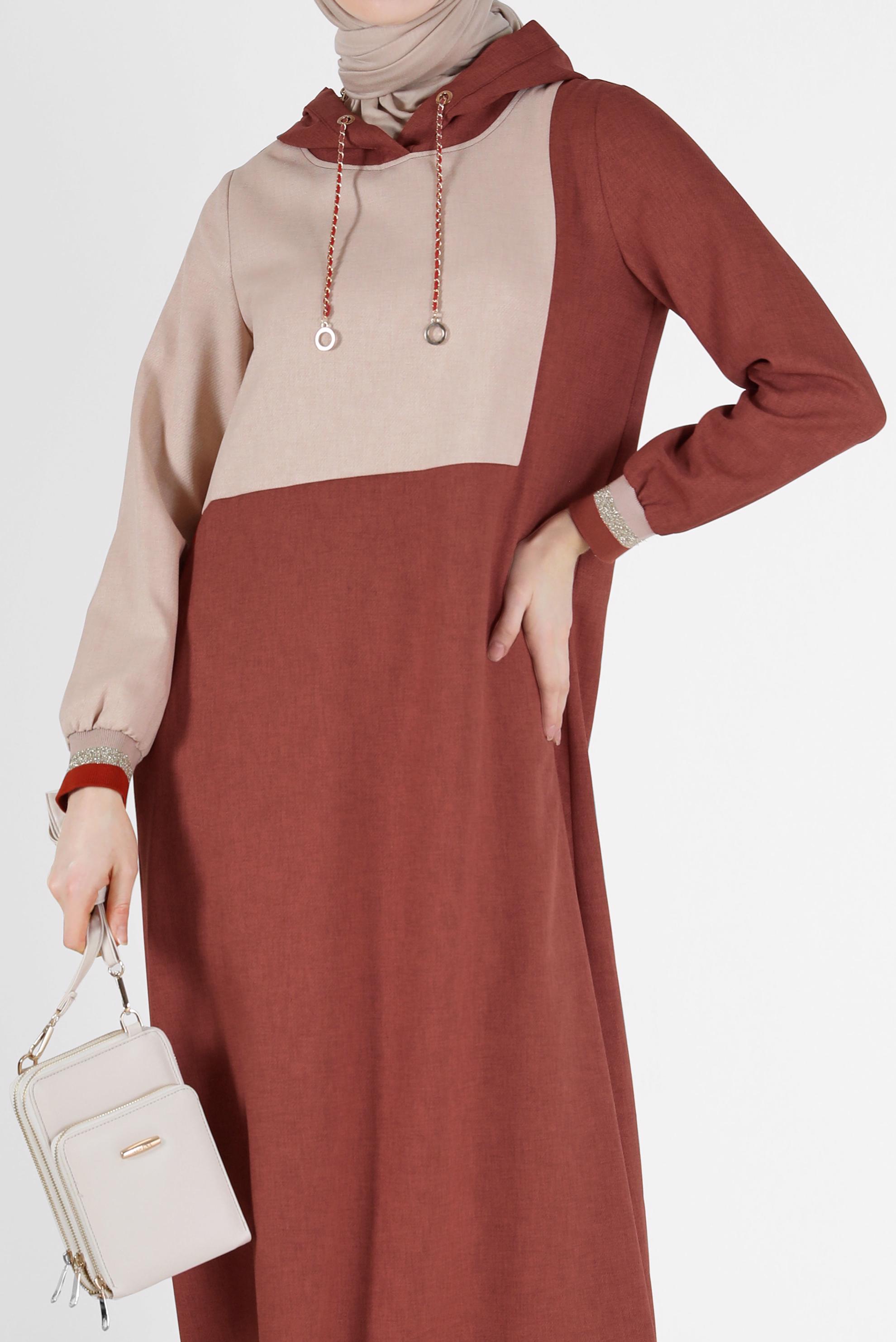 Tesettür giyim TURUNCU İKİ RENKLİ KAPÜŞONLU ELBİSE 42314 