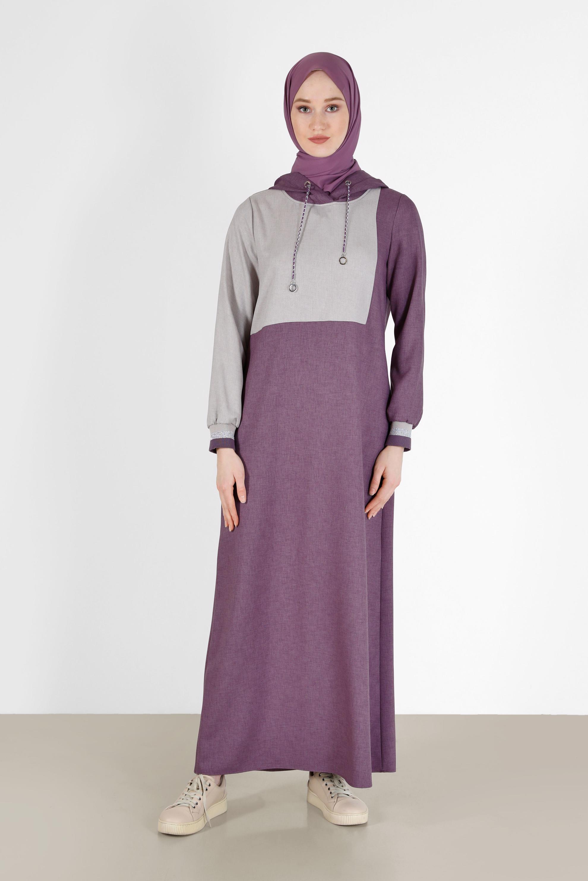 Tesettür giyim MOR İKİ RENKLİ KAPÜŞONLU ELBİSE 42314 