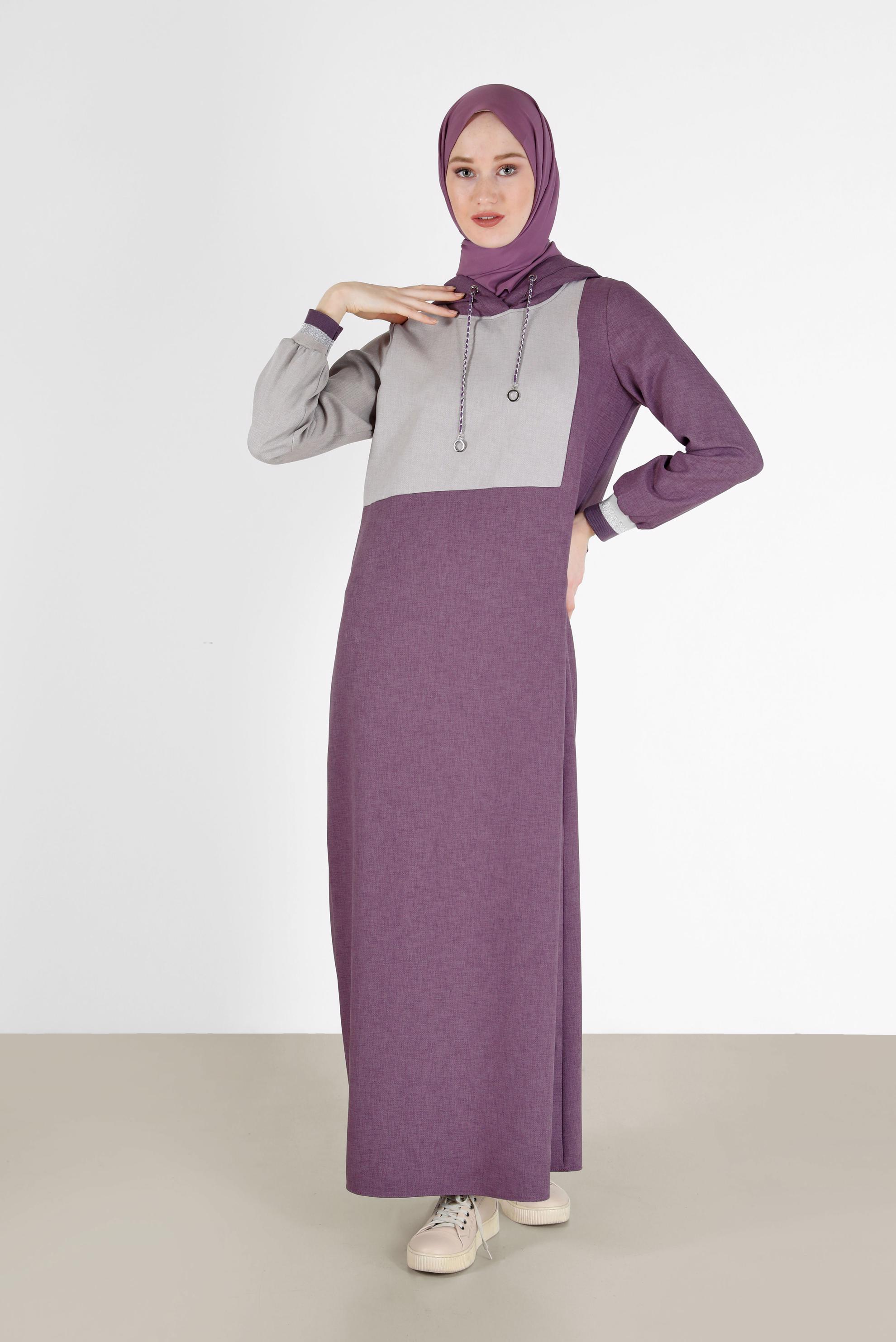 Tesettür giyim MOR İKİ RENKLİ KAPÜŞONLU ELBİSE 42314 