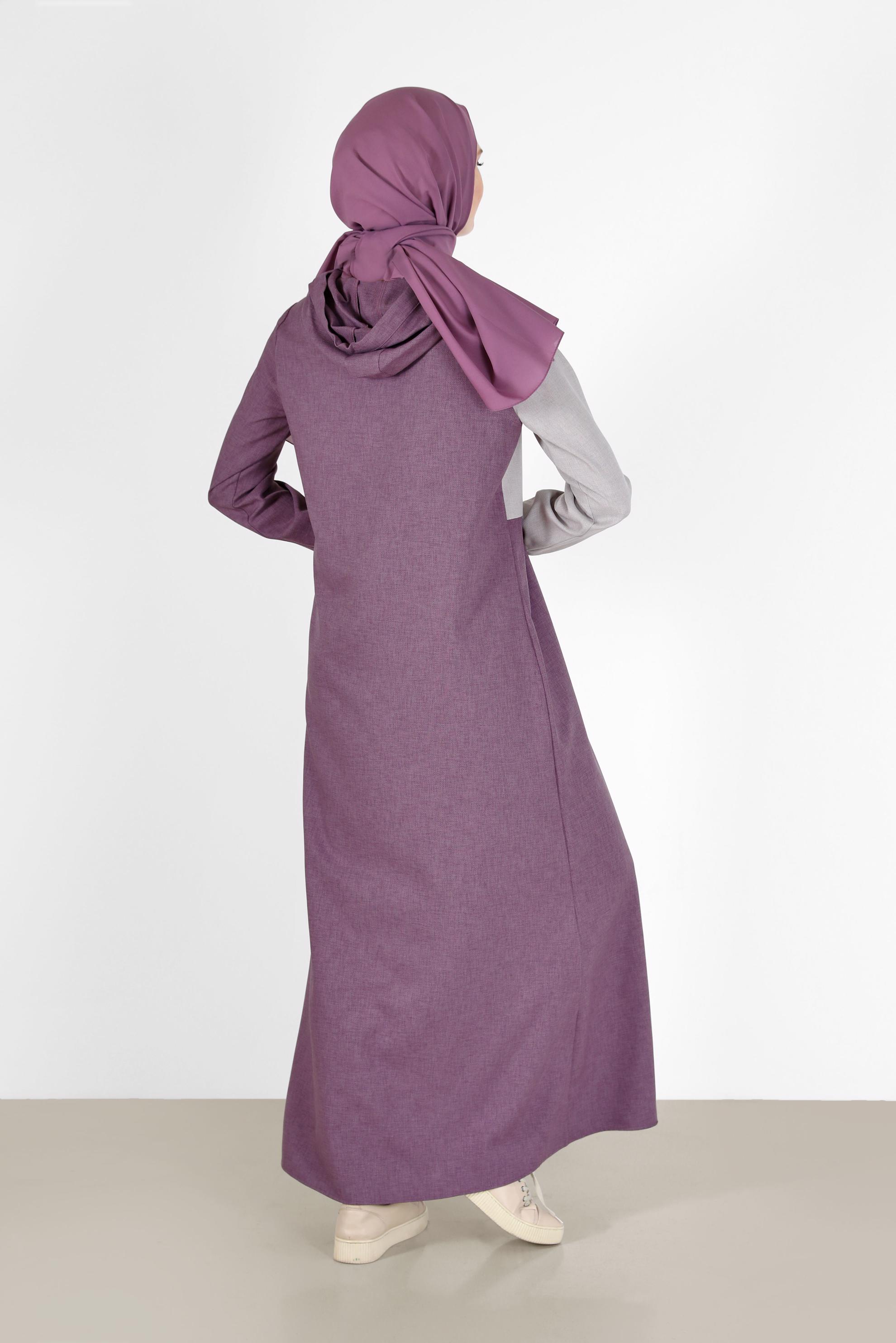Tesettür giyim MOR İKİ RENKLİ KAPÜŞONLU ELBİSE 42314 