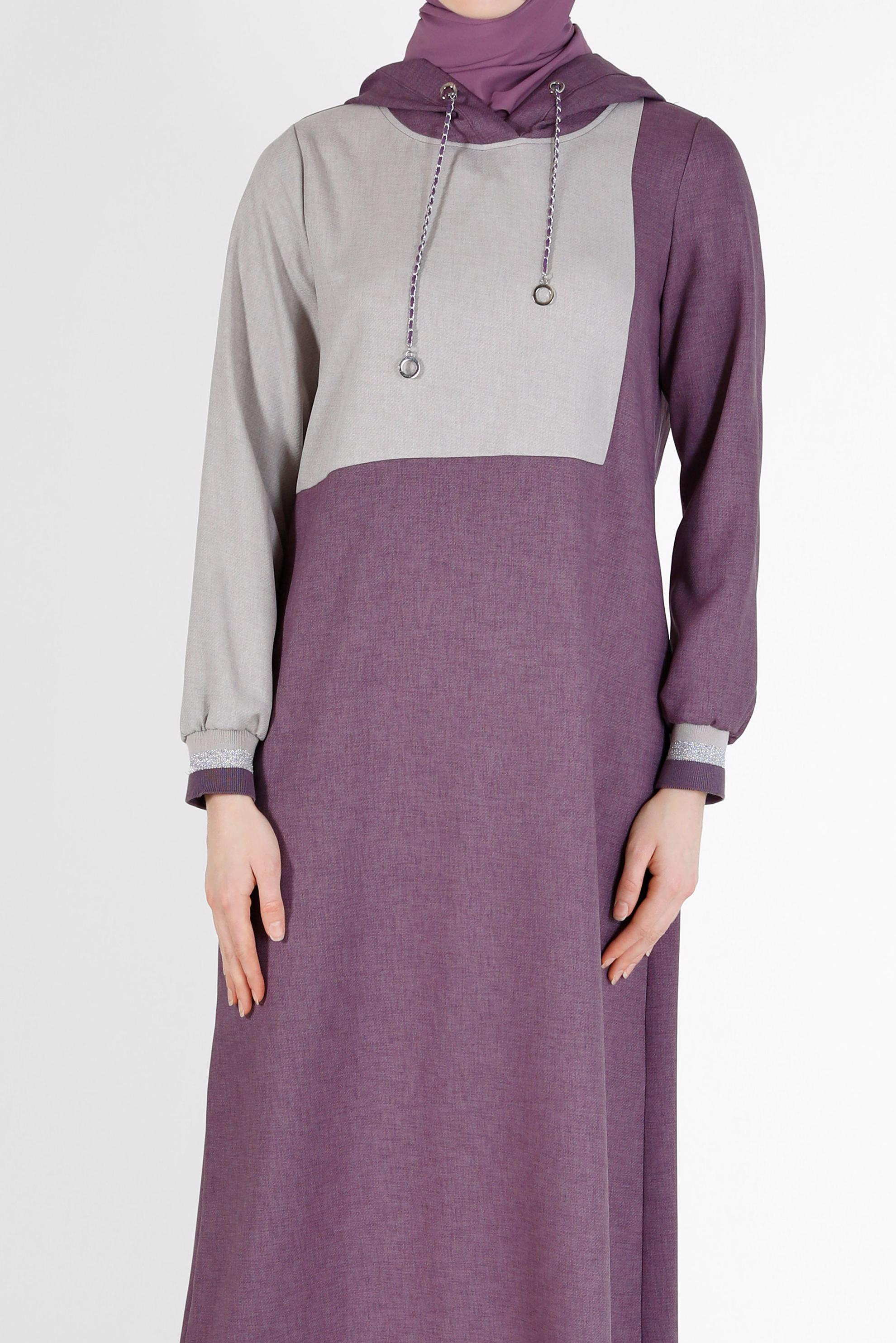 Tesettür giyim MOR İKİ RENKLİ KAPÜŞONLU ELBİSE 42314 