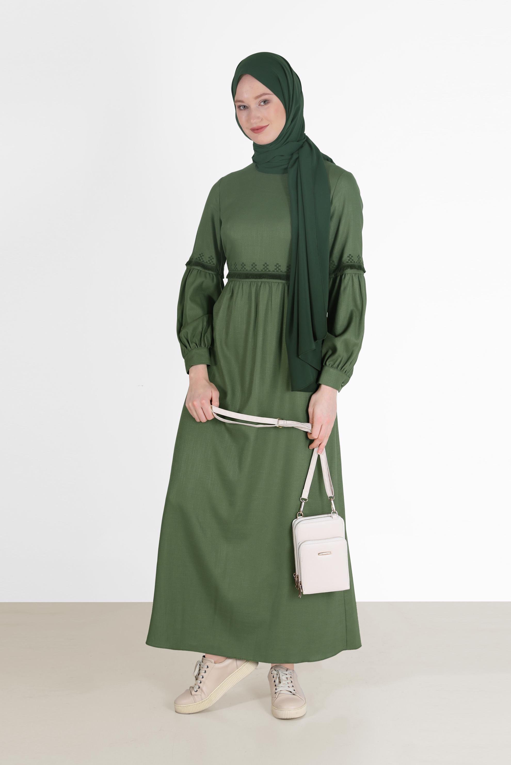 Hijab clothing KHAKI EMBROIDERY DETAIL DRESS 42333 