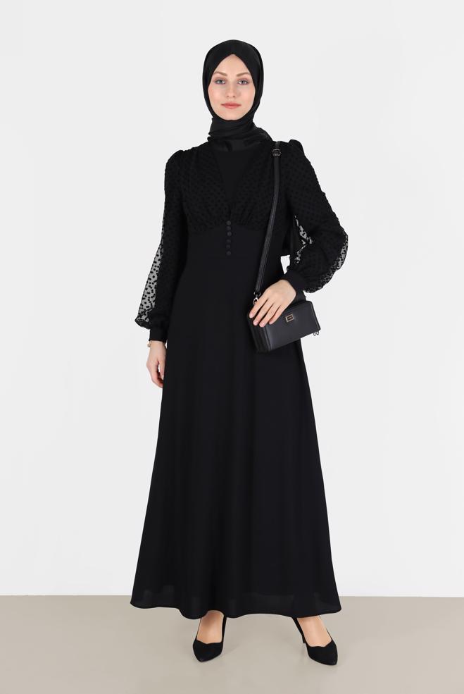 Tesettür giyim  KOLLARI PUANTİYELİ TÜL DETAYLI DÜĞMELİ ELBİSE 42334  - ALVİNA