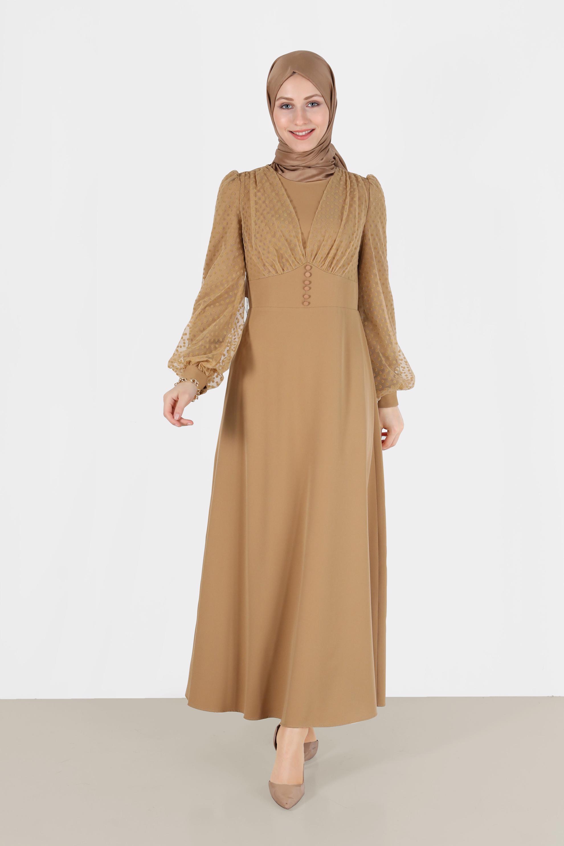 Tesettür giyim KAHVE KOLLARI PUANTİYELİ TÜL DETAYLI DÜĞMELİ ELBİSE 42334 